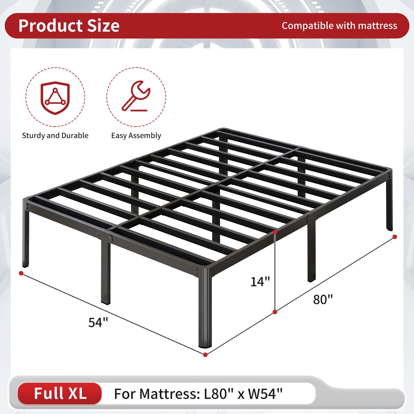 Yicensen 14 Inch Full XL Bed Frame No Box Spring Needed Heavy Duty Metal Full XL Platform Bed Frame with Rounded Corner Legs, Easy Assembly, Noise Free, Black