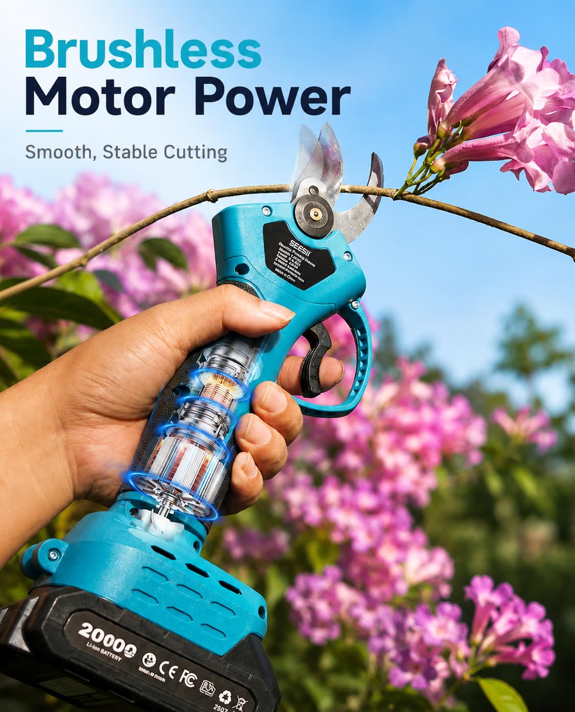 SEESII Electric Pruning Shears, 1.4" Cutting Cordless Power Pruner, 2×2000mAh Batteries, Brushless Motor, Extra SK5 Blade, 2 Modes Battery Powered Branch Cutter for Garden Tree Trimming