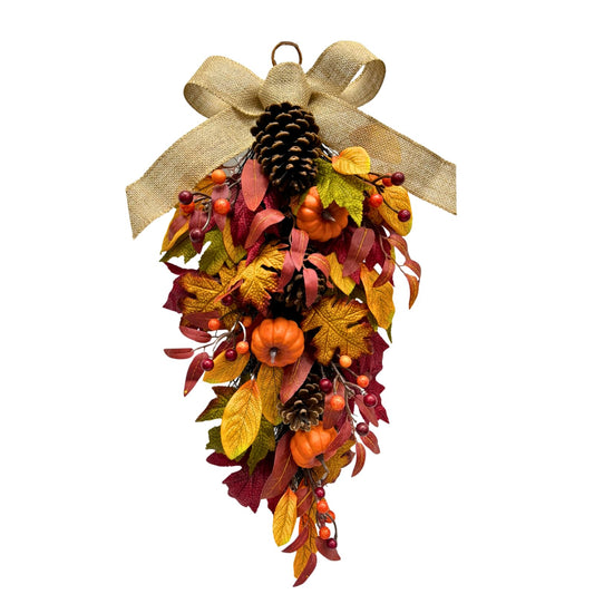 Svndlyn 25 Inch Fall Teardrop Swag with Pumpkins Pinecones Maple Leaves