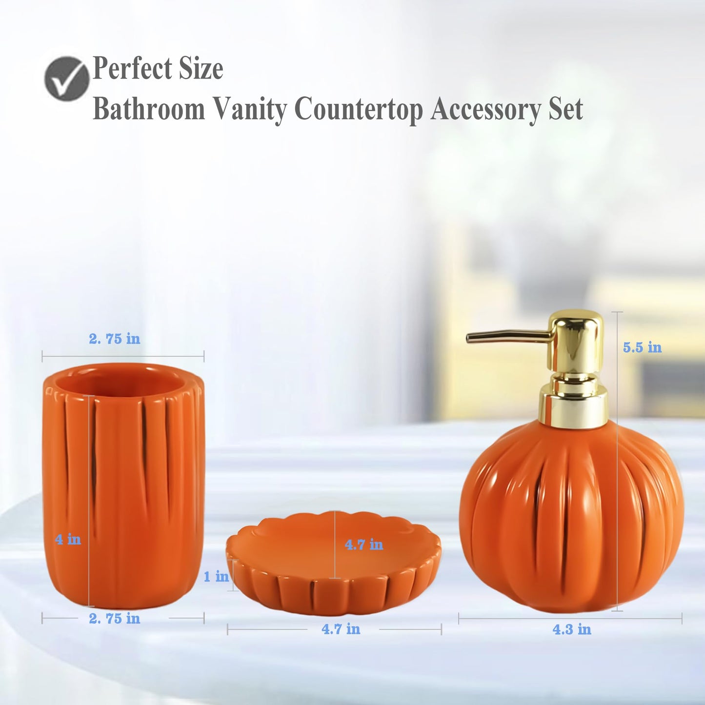 Halloween Pumpkin Bathroom Accessories Set, Orange Bathroom Fall Decor, 3PC Ceramic Bathroom Sets Complete, Toothbrush Holders, Soap Dispenser, Soap Dish, Bathroom Organizer for Countertop