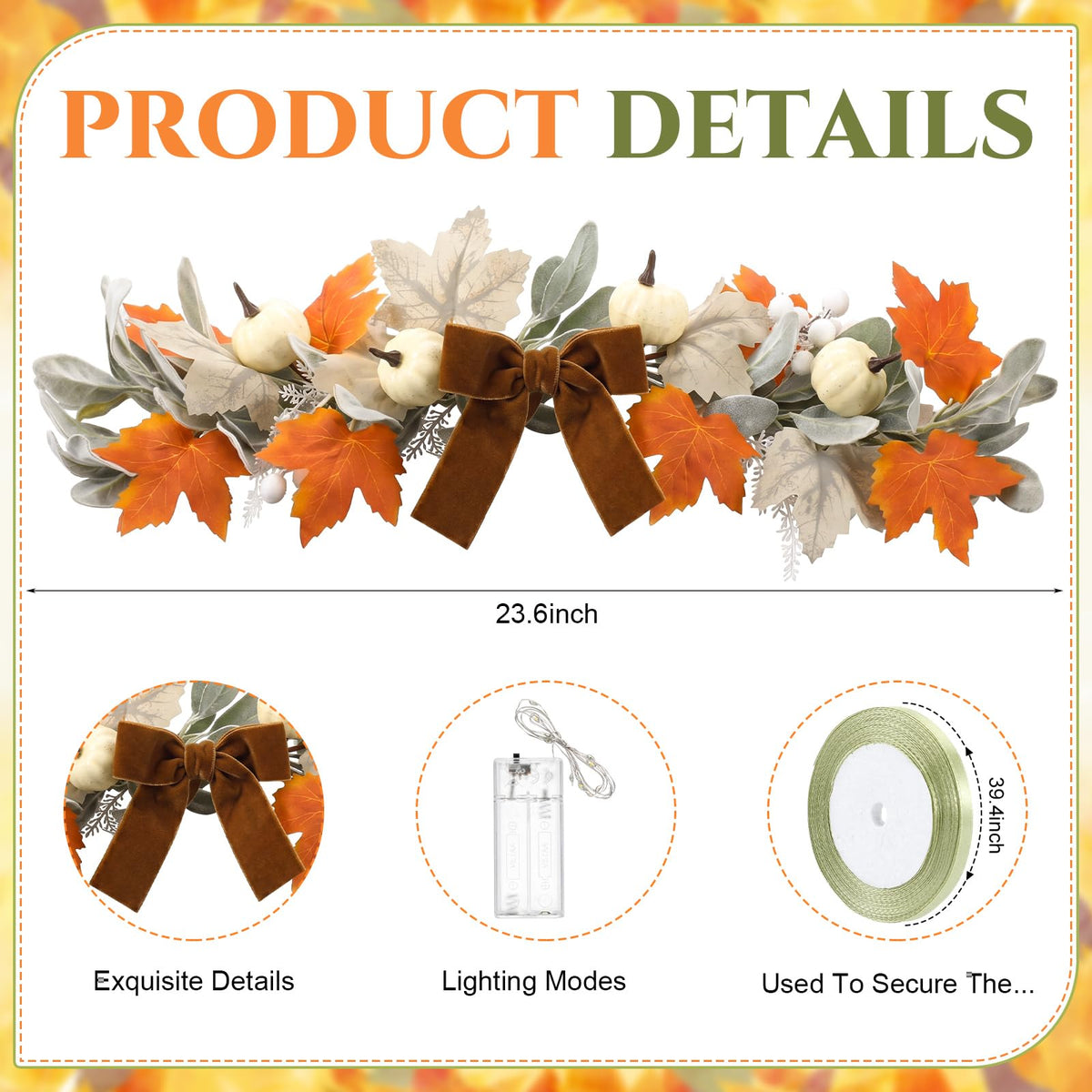 Wavyknot Fall Mailbox Decor 23.6'' Autumn Mailbox Swag Garland with Lights, Fall Pumpkins Maple Leaves Garland Thanksgiving Harvest Swag for Mail Box Window Mantels Home and Outside Decor