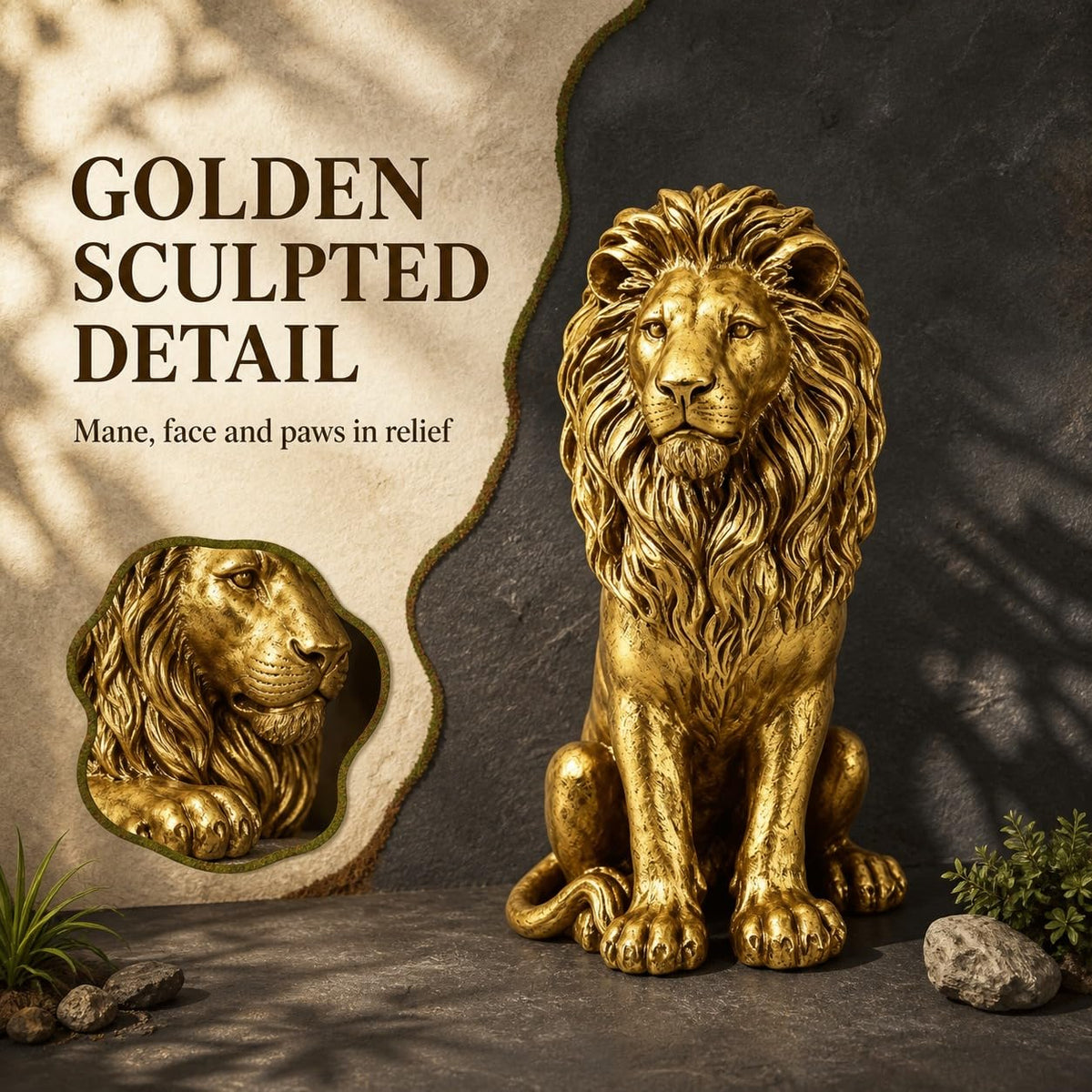 24" H Sitting Male Lion Resin Animal Garden Statue, Home Decor Sculpture