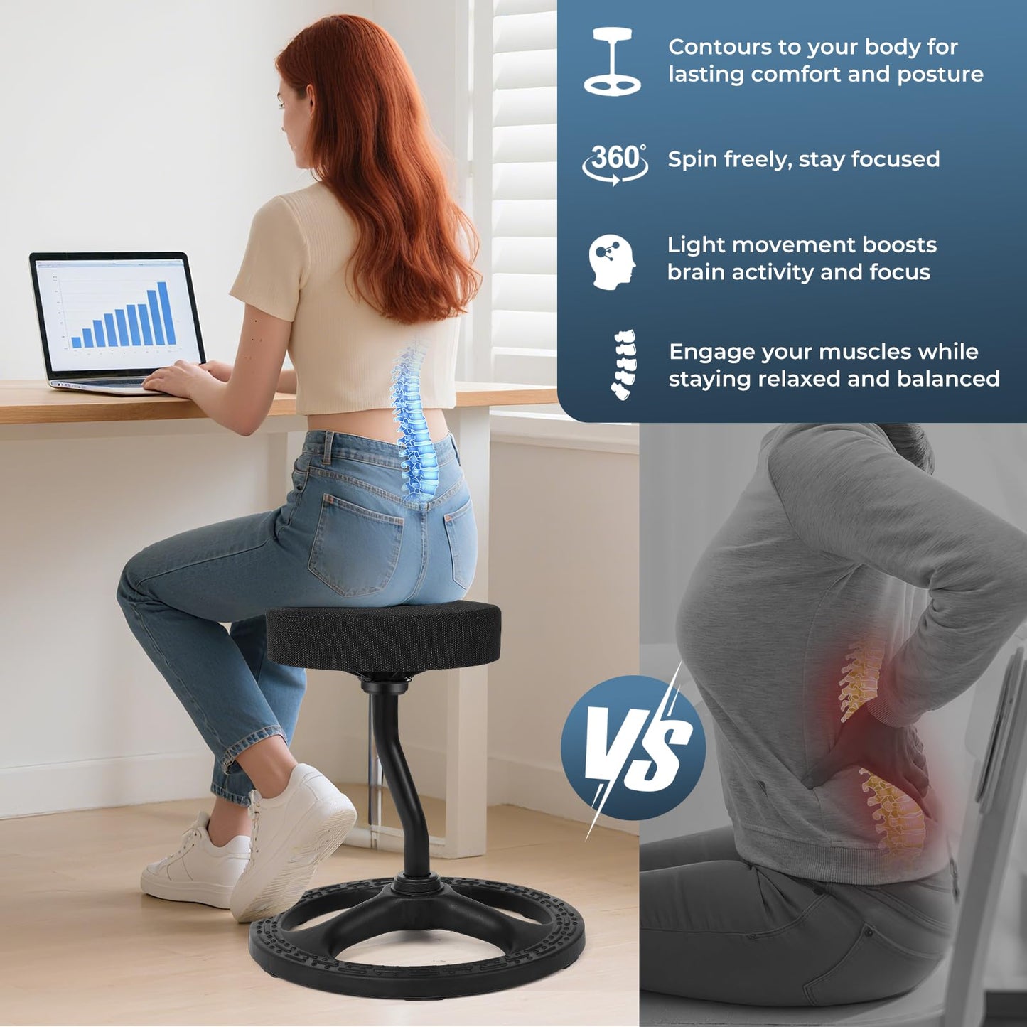 beyond SMART Fitness Seat, ADHD Chair Stool, Stability, Balance, Yoga, Ergonomic Health Stool with Non-Slip Base and Washable Seat Cover - Black (Black, 19″)