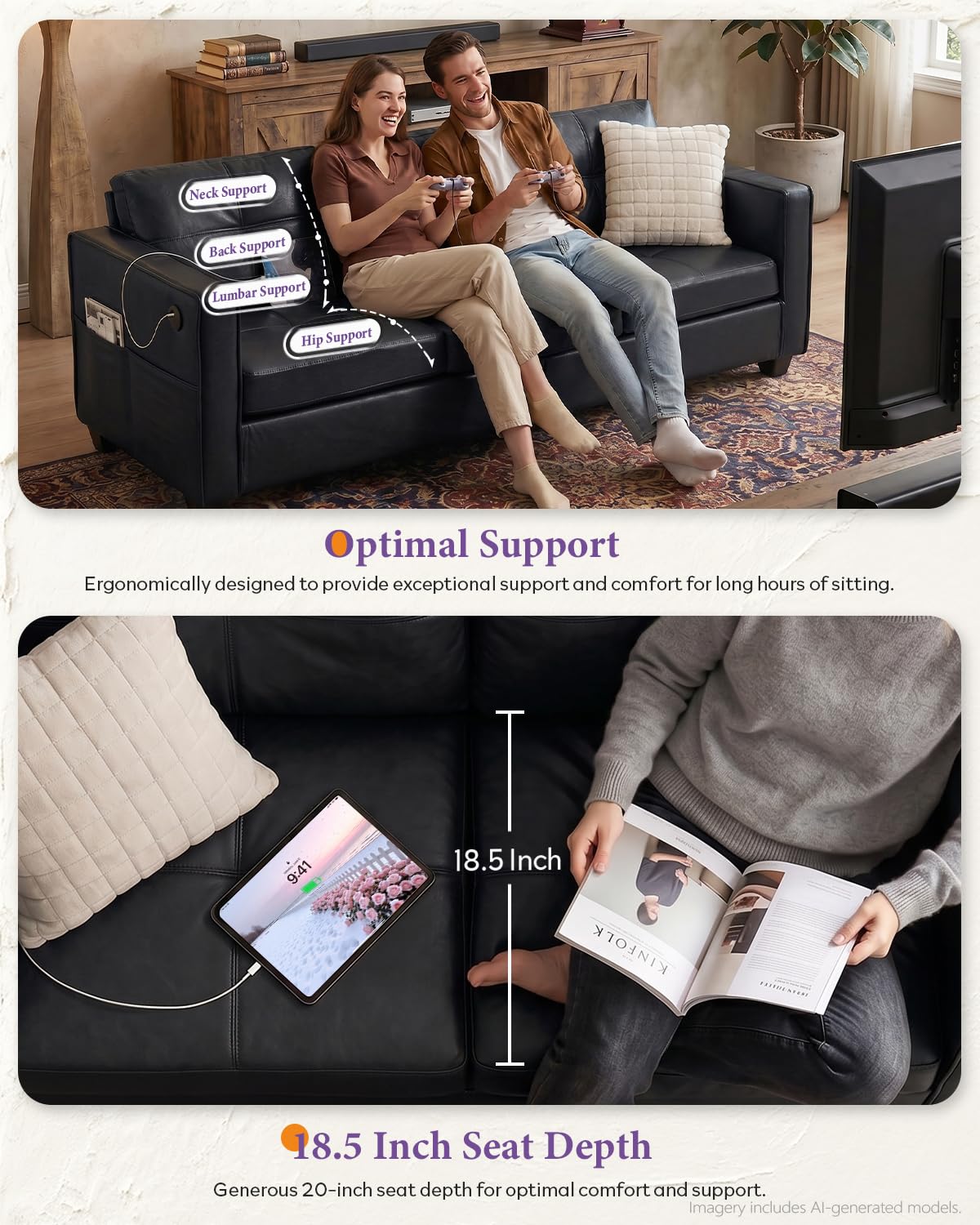 88'' Black Faux Leather Couch w/ Charging, 3 Seater Living Room Office Sofa