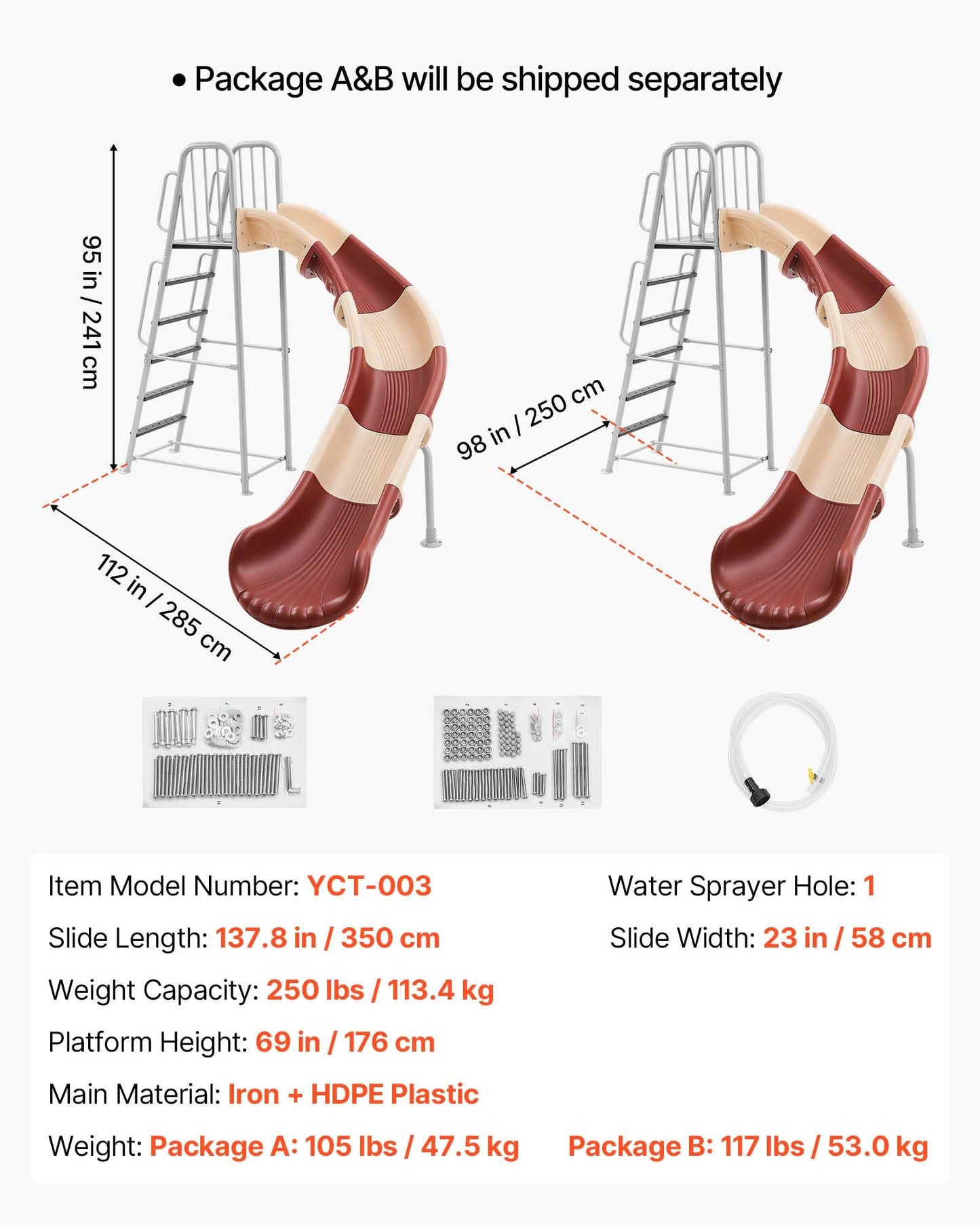 VEVOR Water Slide, Big 10 ft Outdoor Curved Waterslide with Built in Adjustable Sprinkler and Ladder, Free Standing Pool Slide, Metal & Plastic Playground Equipment, Platform for Backyard Fun