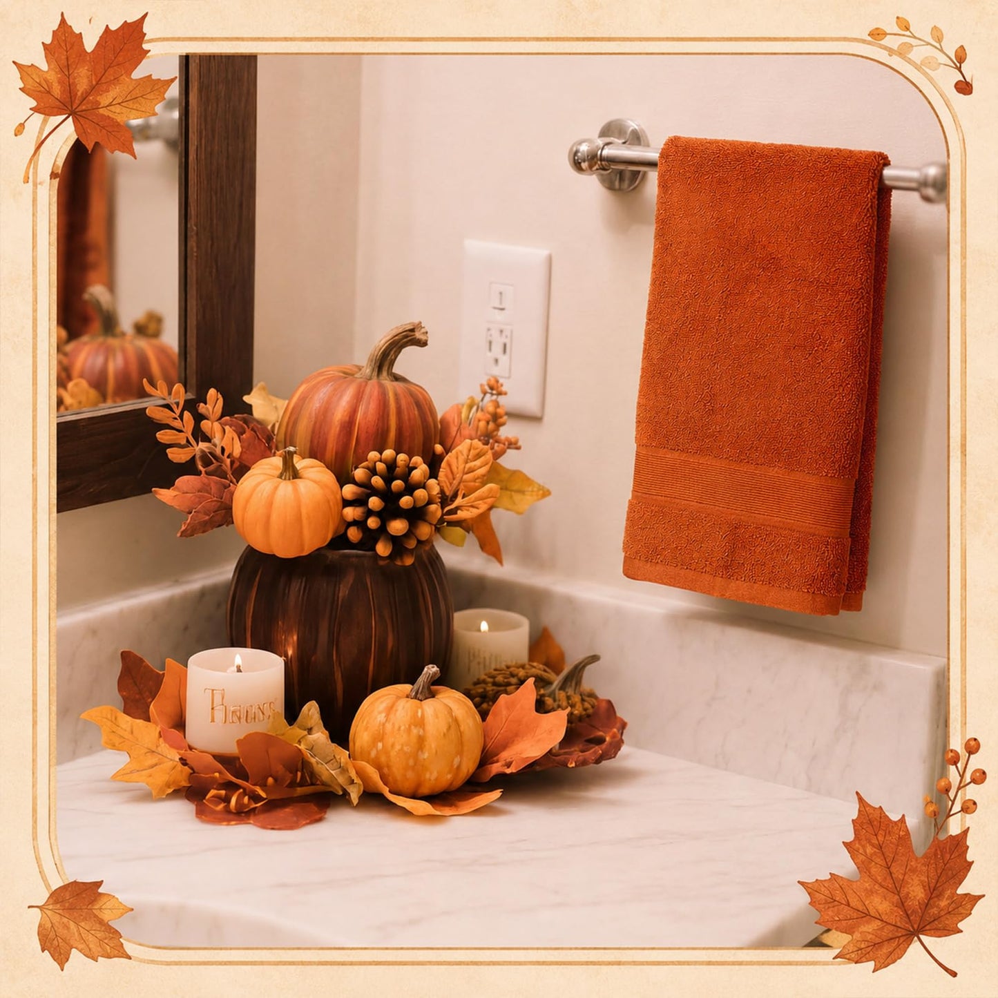 Frienda 5 Pcs Fall Bathroom Decor Rust Orange Fall Shower Curtain Set with Rugs and Hand Towels Autumn Bathroom Set with Hooks Non Slip Microfiber Bath Mats for Thanksgiving Home Apartment Dorm