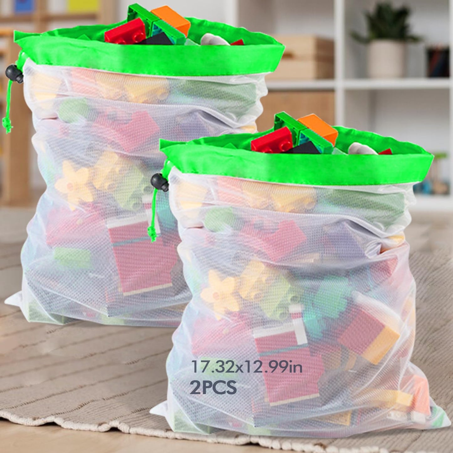 Mesh Toy Bags 2PCS Toy Organization and Storage Bags Reusable Mesh Bag for Stuffed Plush Toys, Building Blocks, Puzzles Pieces, Fruit, Vegetable (17.32x12.99in, 2PCS)