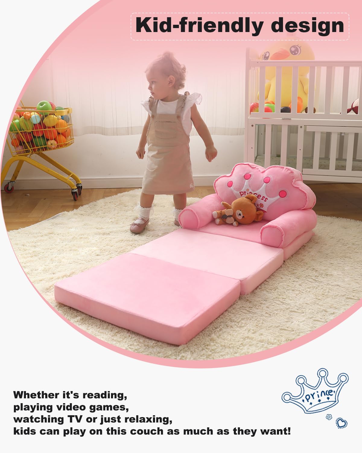 MOONBEEKI Kids Couch Fold Out, Foldable Princess Chair for Toddlers 1-3, Kids Furniture for Playroom, Gift for Birthday Christmas and Halloween（Pink）