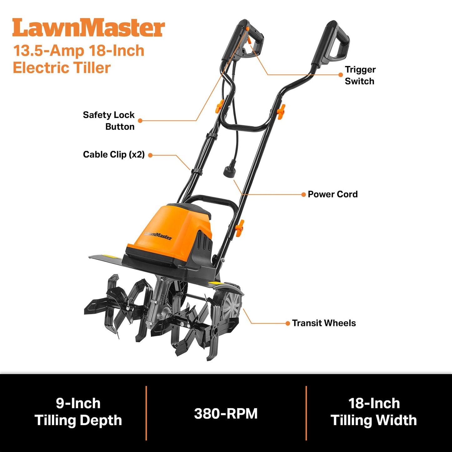 LawnMaster 13.5 Amp 18” Electric Tiller – TE1318M