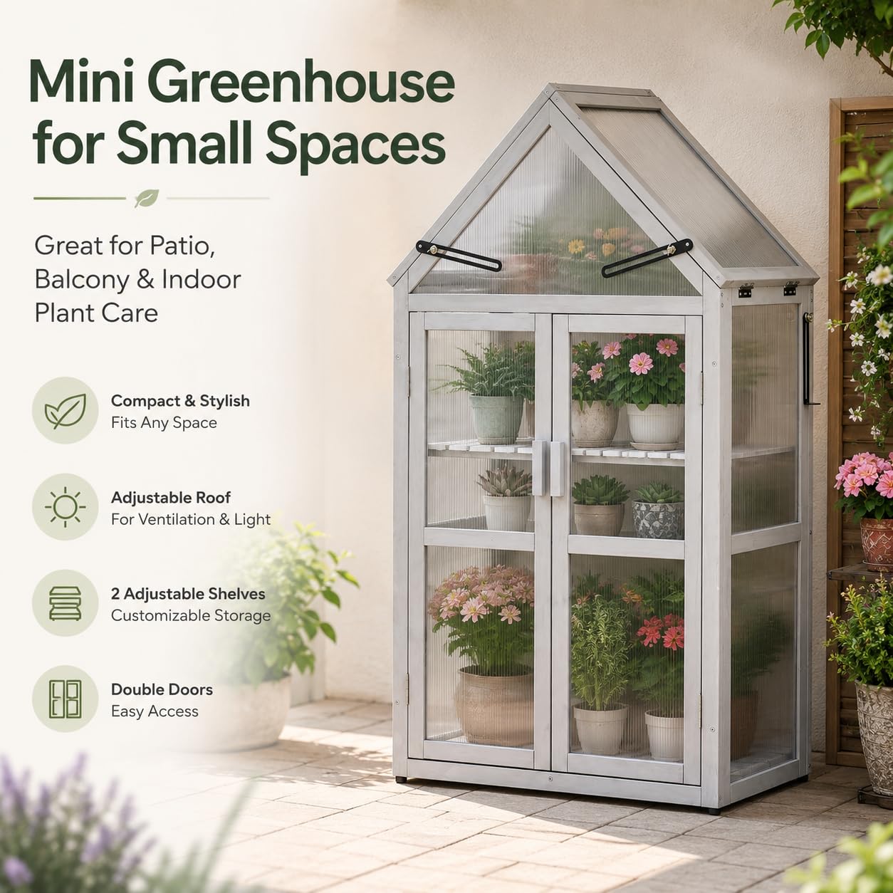 WizSeq Wooden Mini Greenhouse Outdoor, 52.3" Cedar Cold Frame Plant Stand with Adjustable Roof, Removable Shelves and Wall Brackets for Patio, Balcony, Garden, French Gray