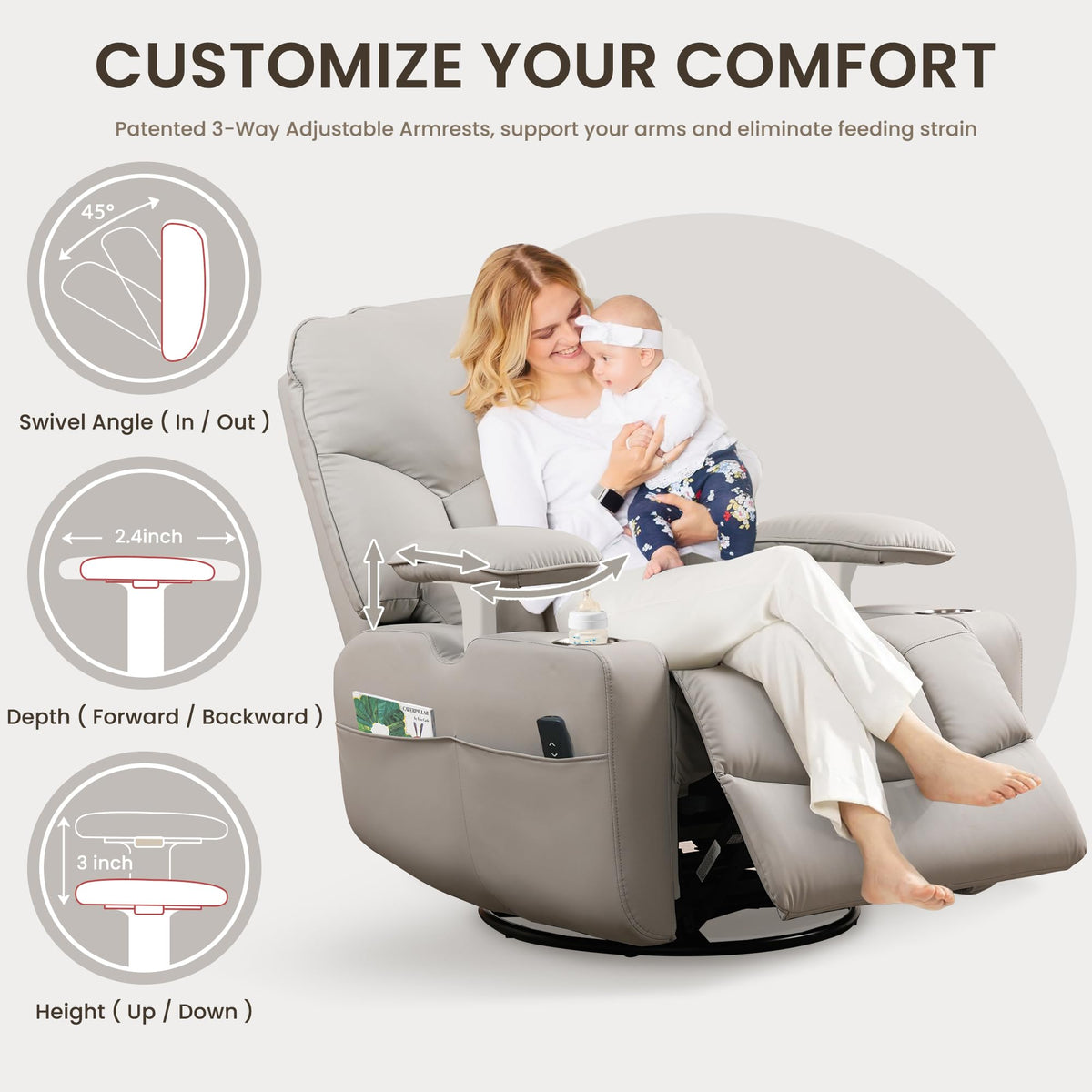 SUNWAVE Power Nursery Rocking Chair with Adjustable Armrests for Nursing