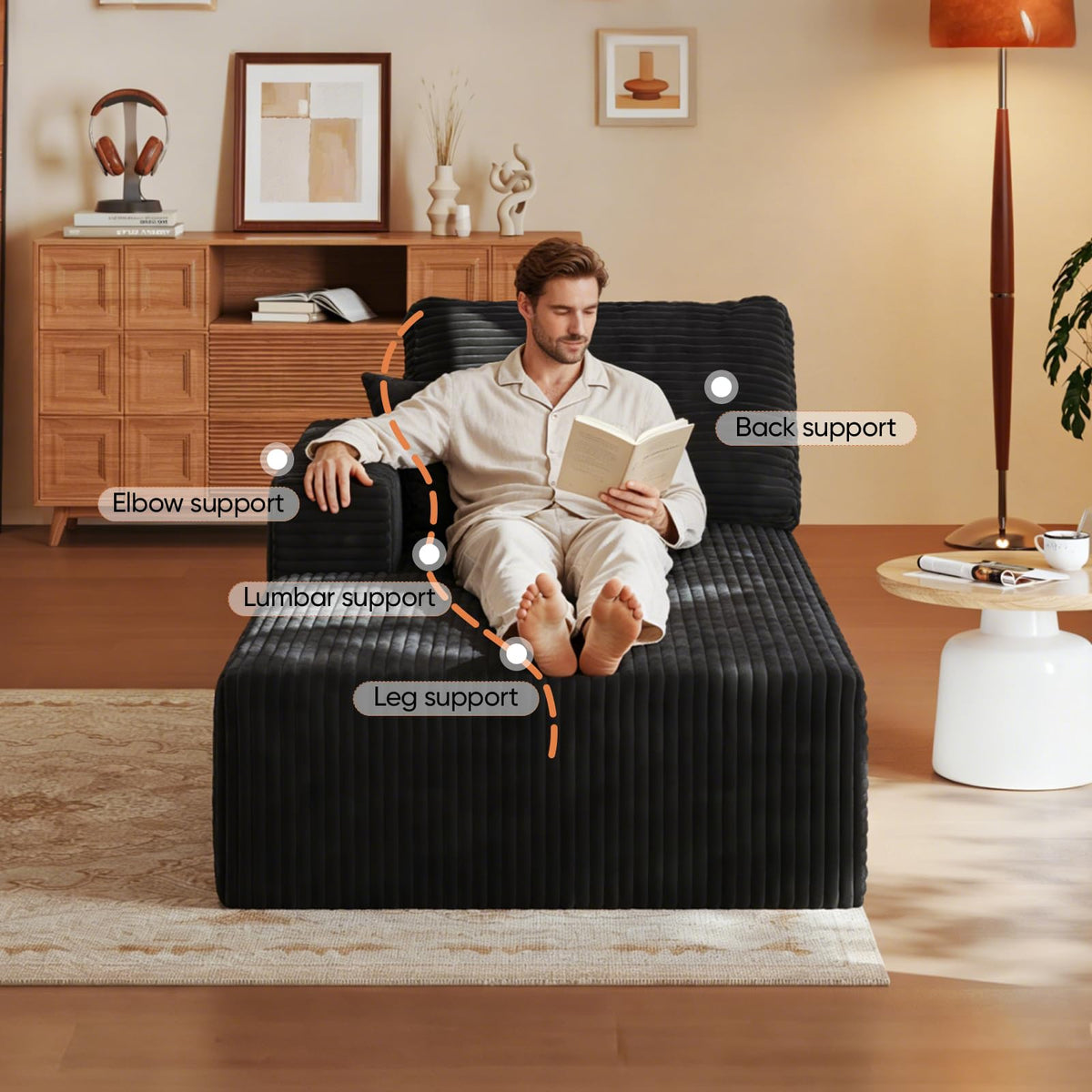 35" Sofa Bed, Boneless Cloud Couch, Rectangular Couch for Living Room, One-Piece Chaise Lounge with Pillows, Flannel Comfy Floor Sofa (Black, Vertical Left Armrest Facing Chaise)