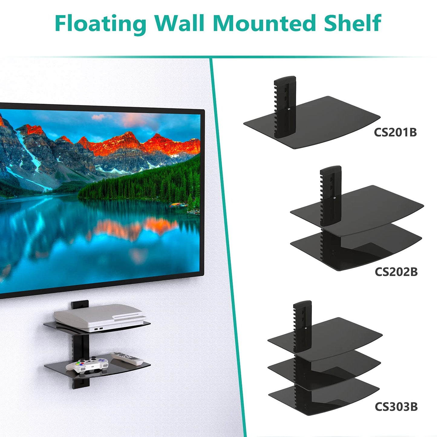WALI Floating TV Shelf, 2 Tier Glass Projector Shelf for DVD Players, Routers, Game Consoles, Cable Boxes, Living Room Decor, Wall Mount Shelves Hold Up to 17.6lbs (CS202B), 2-Shelf, Black
