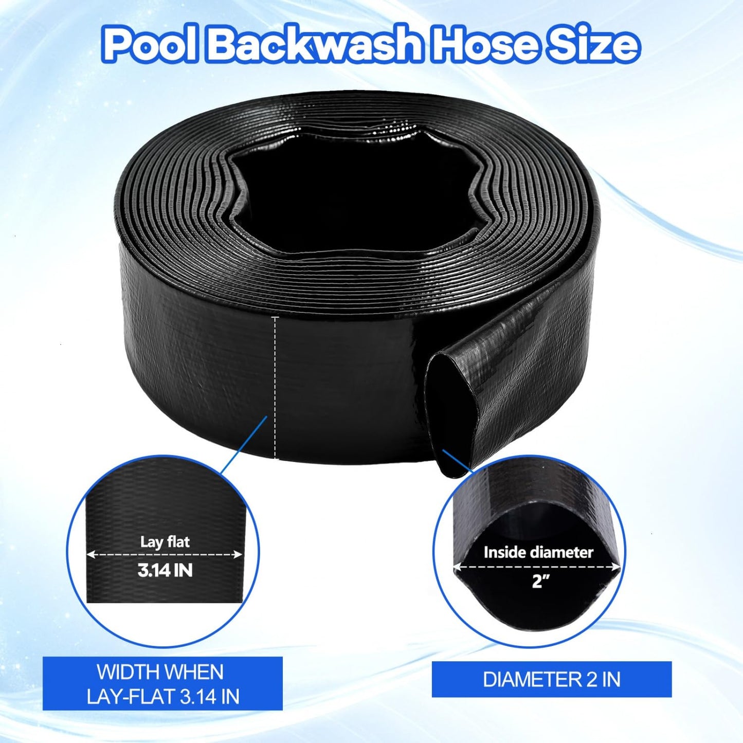 Gonioa 2 inches x 50 FT Heavy-Duty PVC Swimming Pool Backwash Hose, Reinforced Discharge Hose with Clamp for Swimming Pools, Black