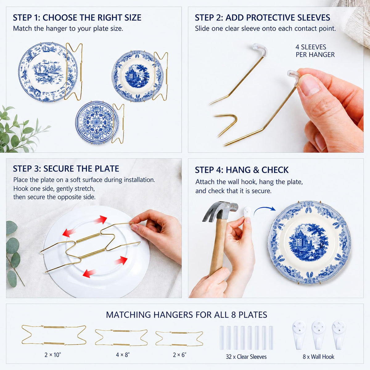 Ferrochef 8 Pcs Blue and White Ceramic Wall Plates with Hangers, Classic