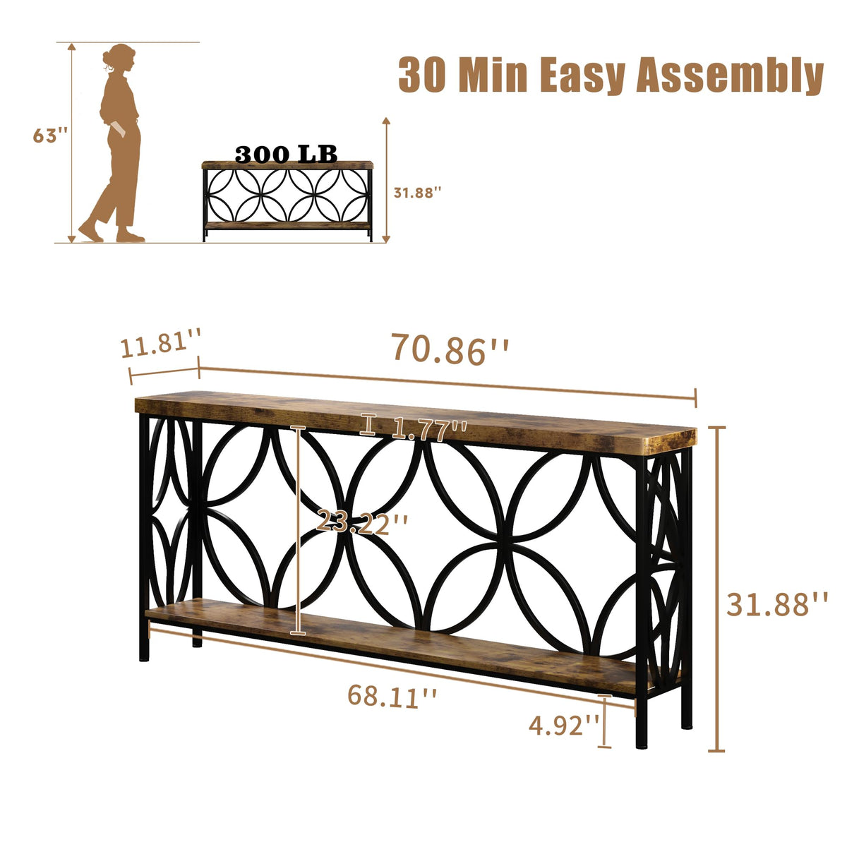 70.9 inch Extra Long Sofa Table, Industrial Console Table Behind Couch