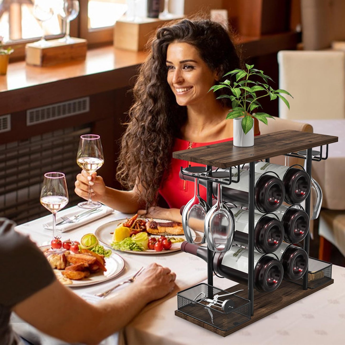 VyGrow Countertop Wine Rack, 3 Tier Wood & Metal Small Wine Rack Up to Hold 6 Bottles and 4 Glasses, Wine Bottle Holder for Home Bar Tabletop Kitchen Cabinet, 6.29" D x 16.14" W x 15.82" H