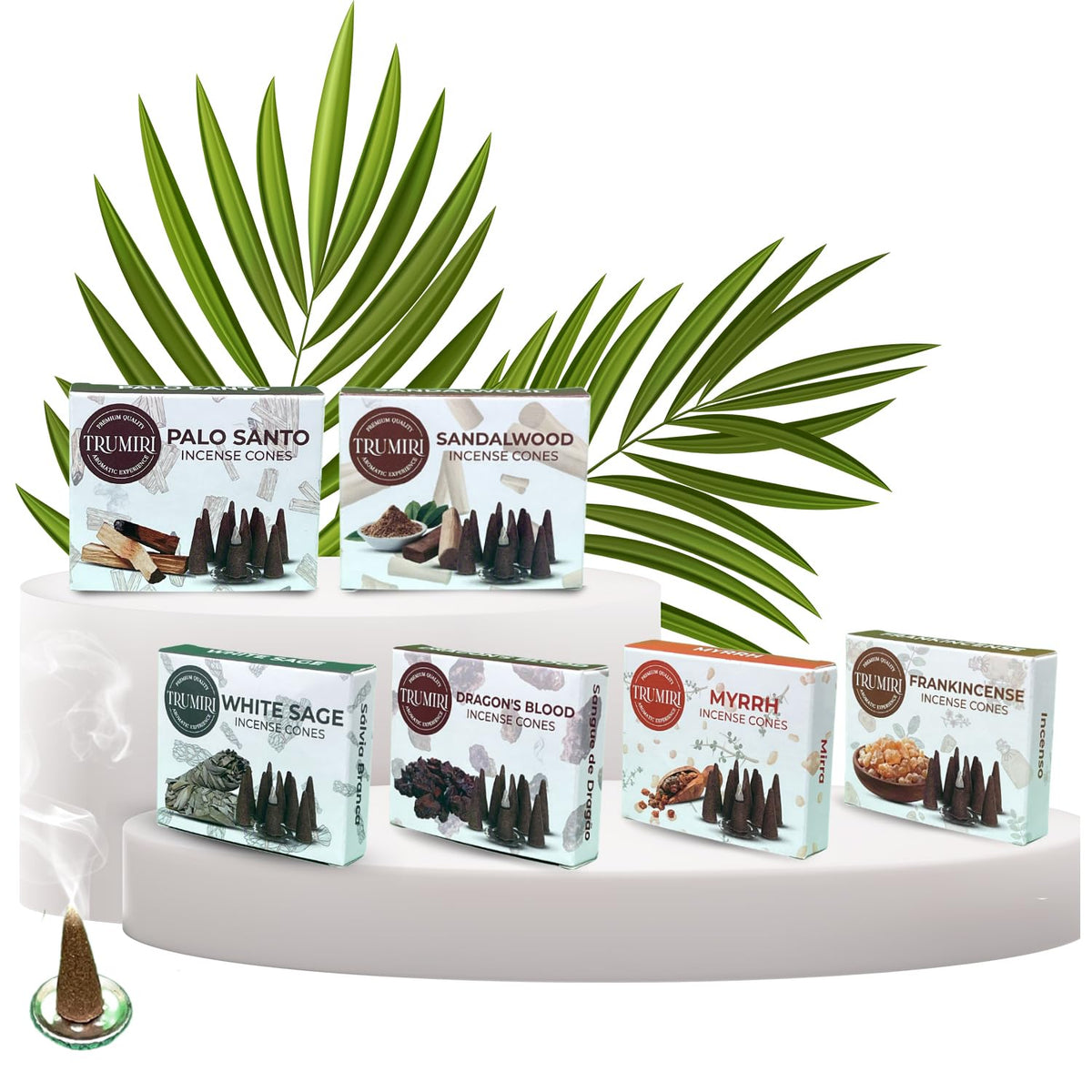 Trumiri Woody Incense Cones - Variety Pack - Total 60 Cone Incense (6 Scents x 10 Conos) - White Sage, Palo Santo, Dragons Blood, Sandalwood - Inscents-Cones Scented - Insense Cones - Incent Cone