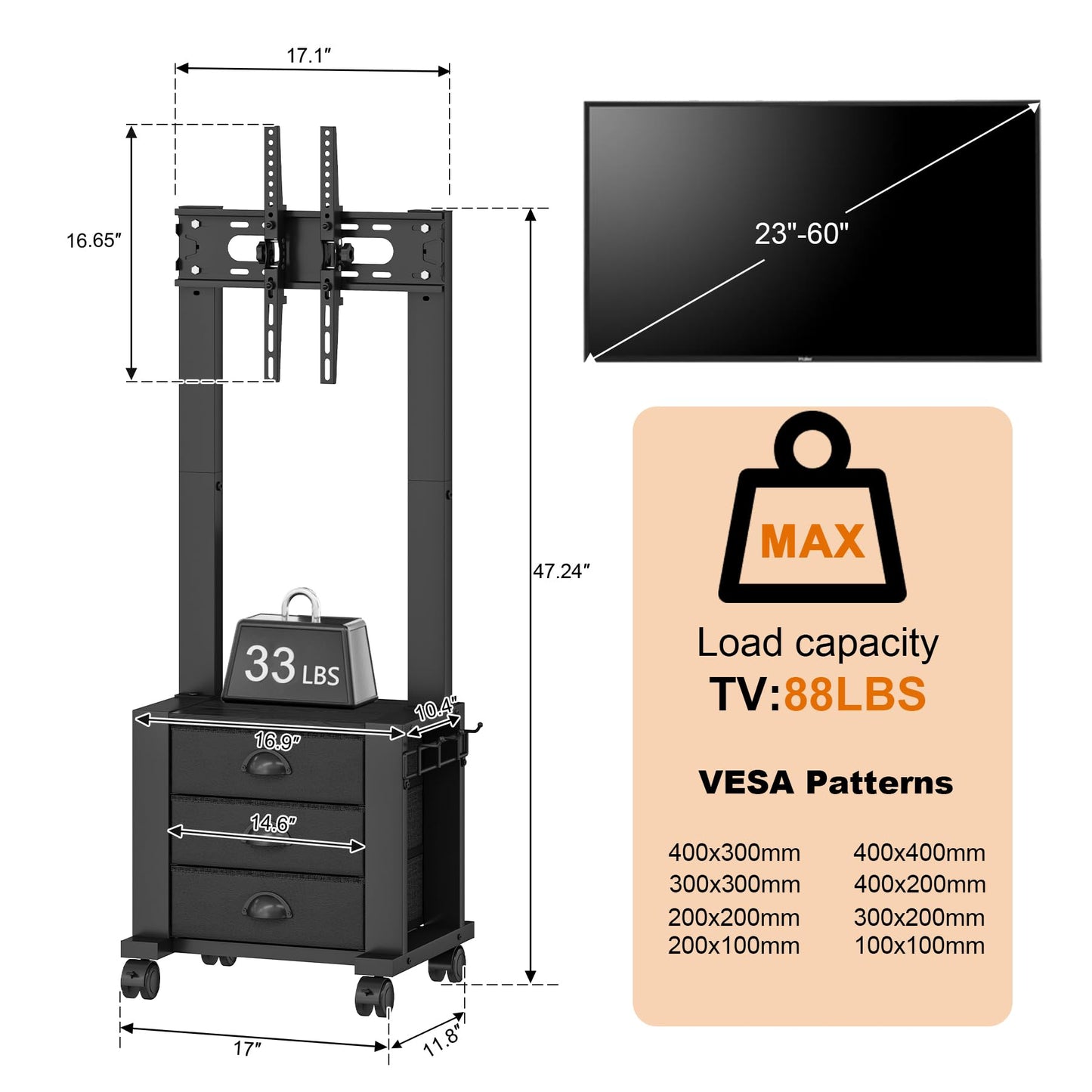 Rolling TV Stand with 3 Drawers for 23-60 Inch TVs with Storage