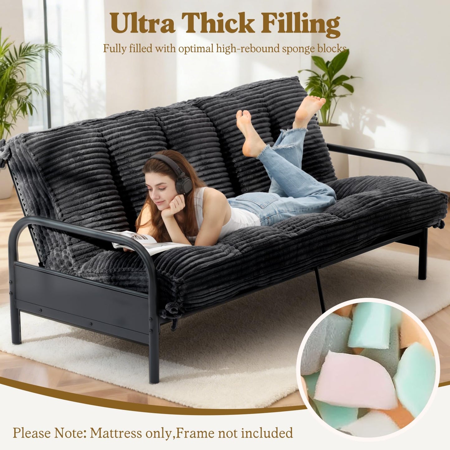 NLDD 10" Futon Mattress Full Size, Ultra Thick Futons Sofa Couch Bed Sleeper Sofa Bed, Versatile Floor Futons Japanese Floor Mattress for Adults, Black (Frame Not Included)