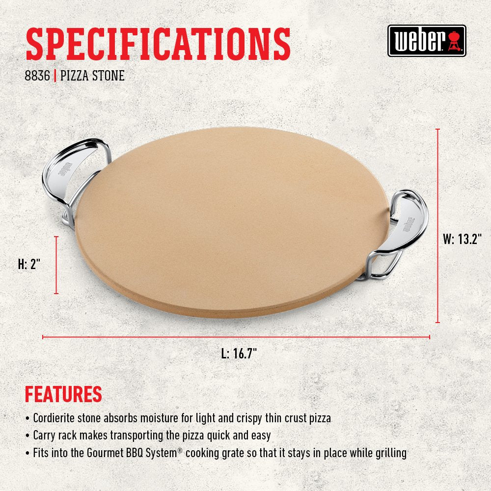 Weber Gourmet BBQ System Pizza Stone with Carry Rack, 16.7" – Cordierite Stone for Crispy Pizza on Weber Grills - Grill Accessories