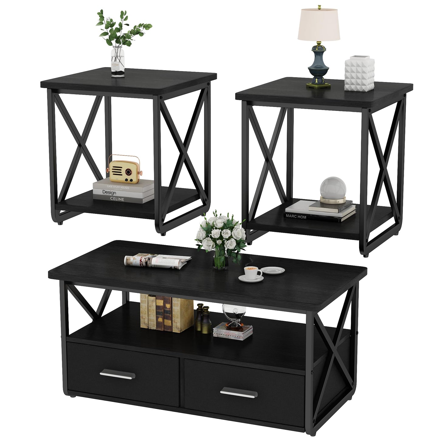 DKLGG 3 Piece Coffee Table Set for Living Room with Fabric Drawers and Storage Shelves, Rustic Wood and Metal Frame, Industrial Farmhouse Table with 2 End Tables for Small Spaces, Apartment, Black