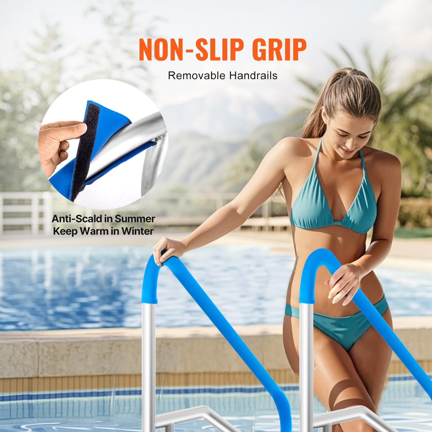 VEVOR Pool Handrail, 2 PCS 55 x 32 inch Railing, Stainless Steel with Base Plate for Indoor/Outdoor, Rust-Proof Grab Bar w/Grip Cover&Accessories for Decks/Spas