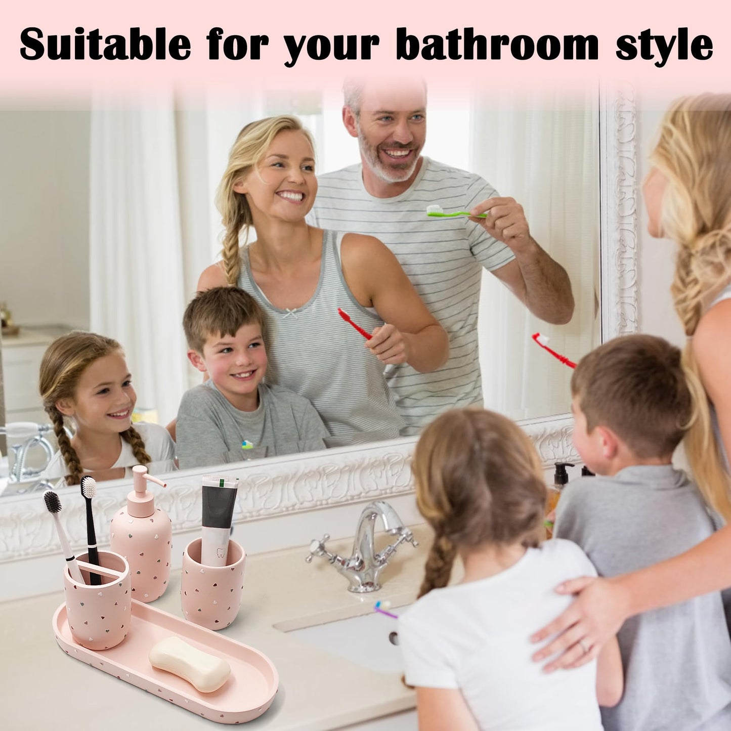 Bathroom Accessories Sets 4-Piece, Premium Pastel Heart Bathroom Accessory Complete Set - Toothbrush Holder, Lotion Soap Dispenser, Vanity Tray, Bathroom Tumbler for Countertop Vanity (Pink)