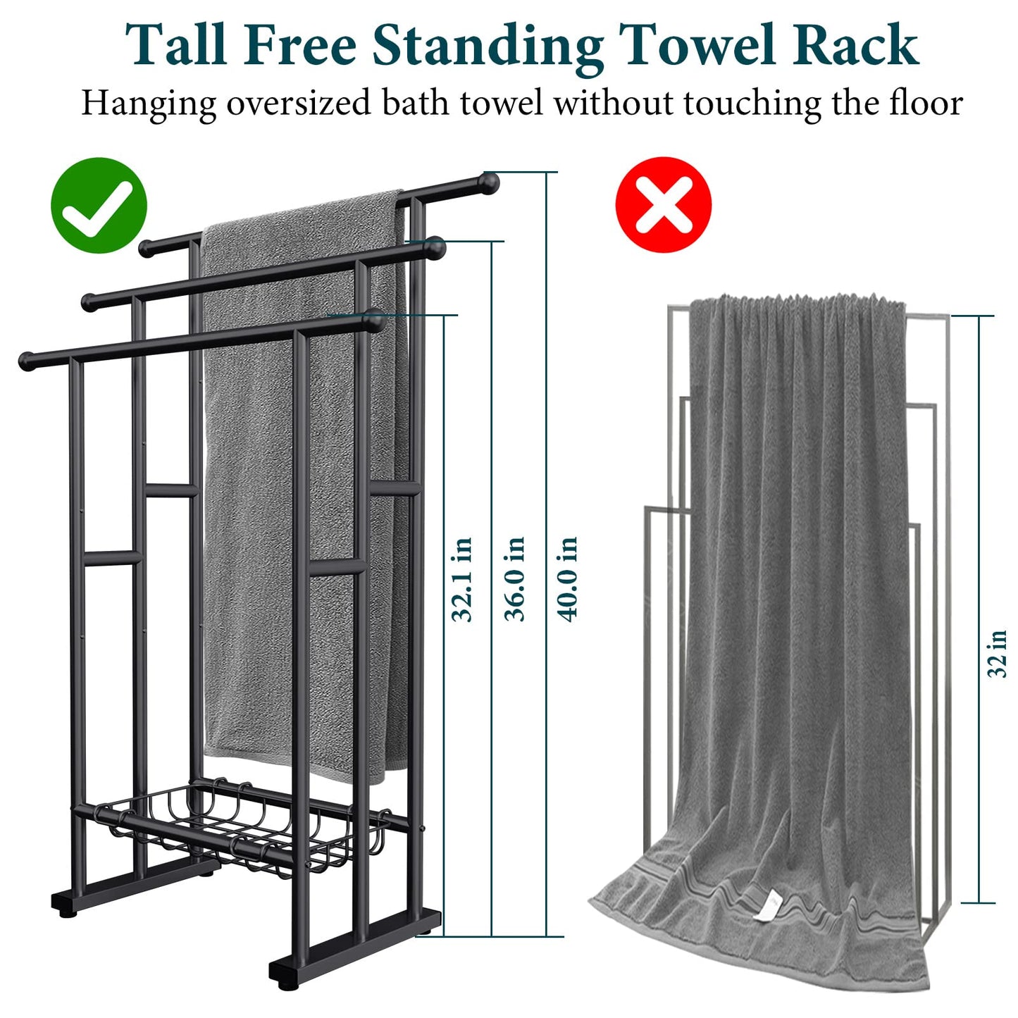 Kayfia 40" H Free Standing Towel Rack, 3 Tier Alloy Steel Stand with Basket, Blanket Drying and Display Rack for Oversized Bath Towels Bathroom Accessories, Next to Tub or Shower