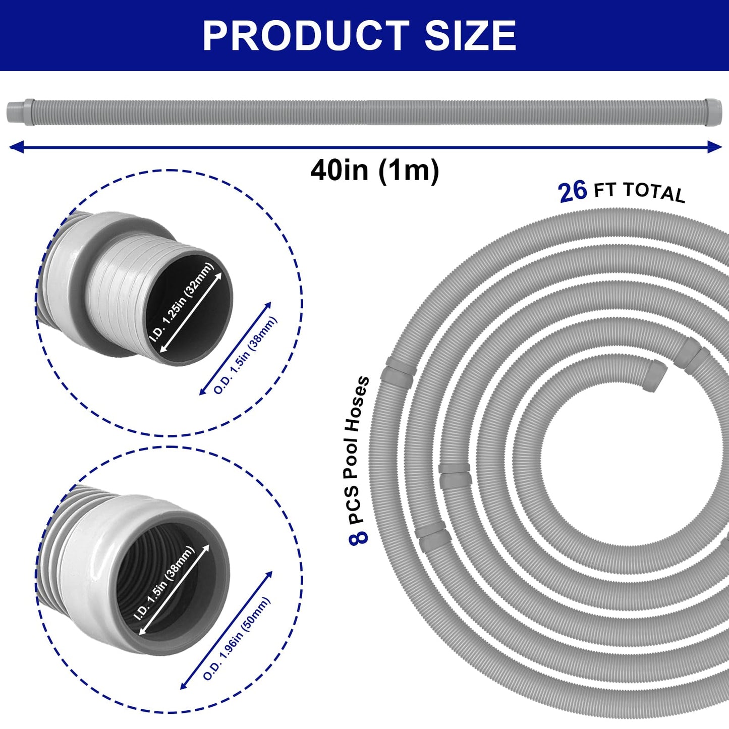 Poolvio Professional Swimming Pool Vacuum Cleaner Hose -1.5” 8 Piece Hoses for Pool Vacuum Extension/Replacement - Compatible with all Major Automatic Swimming Pool Cleaners