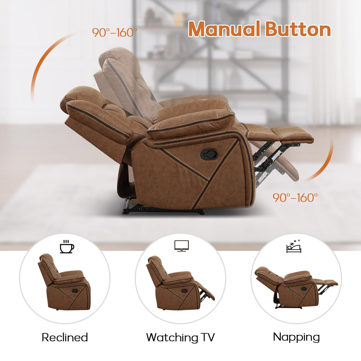 EBELLO Faux Leather Recliner Sofa Furniture Set for Living Room, Recliner Chair, Manual Loveseat, 3 Seat Recliniing Sofa Couch Set for Meeting Room, Brown