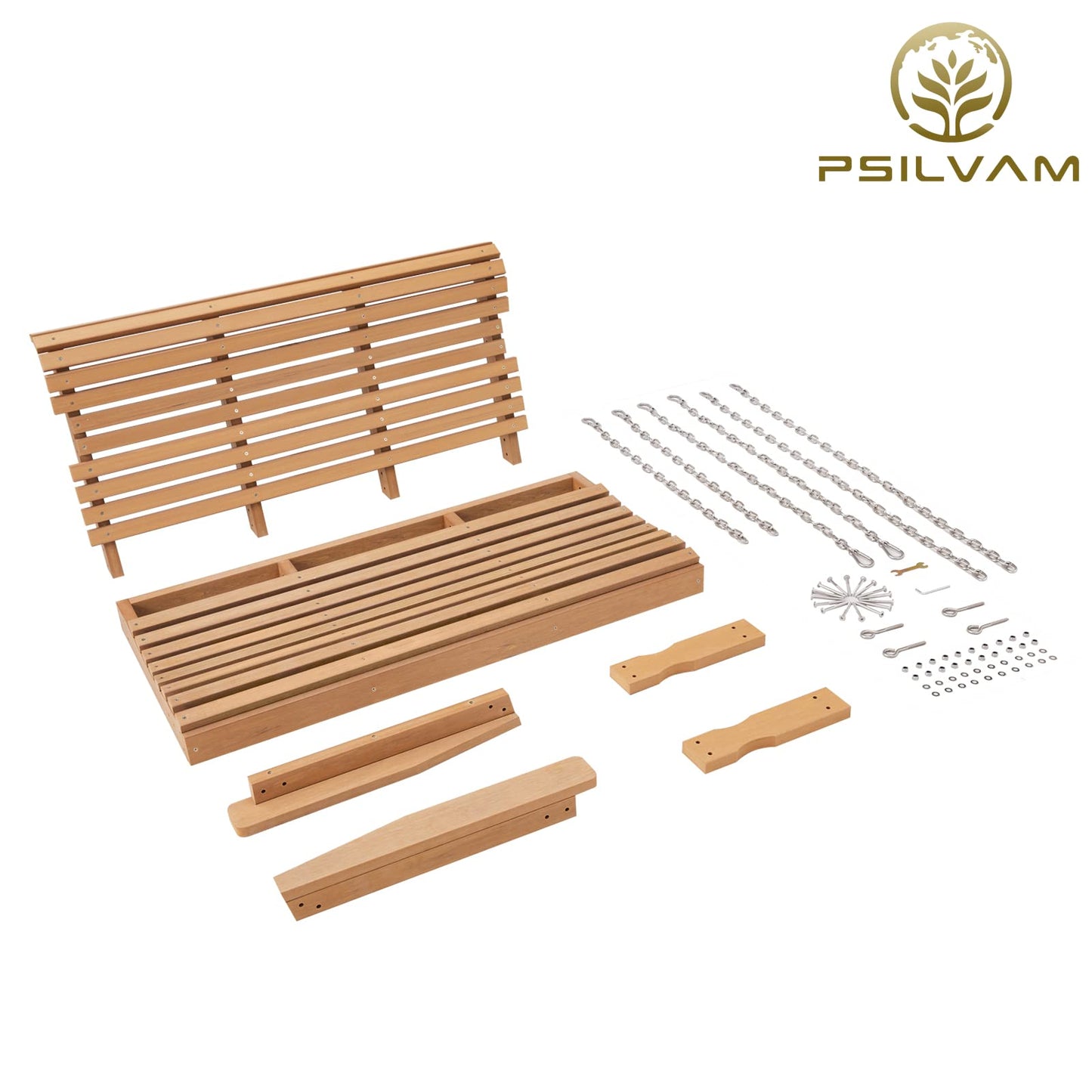 Psilvam HDPE Porch Swing, 2 Seat Hanging Porch Swing Outdoor, All-Weather Patio Swing, Waterproof and Rot-Resistant, Swing Bench for Outside, Garden, Porche and Parks (Teak)