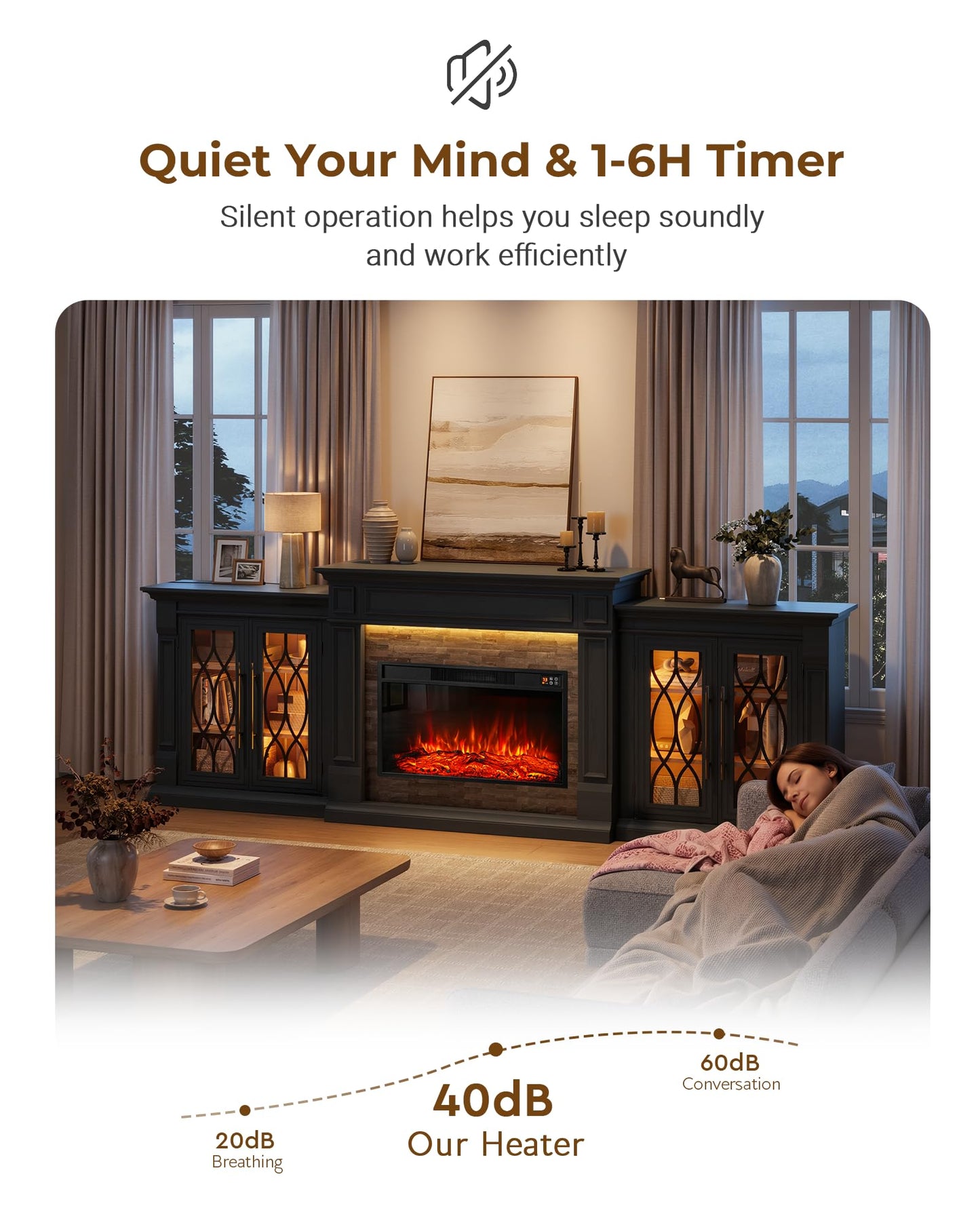 LGHM 104" LED Fireplace TV Stand with Outlet for TVs Up to 100 Inch, Electric Fireplace with Mantel, Entertainment Center with Storage, 30'' Fireplace Heater Insert with for Living Room, Black