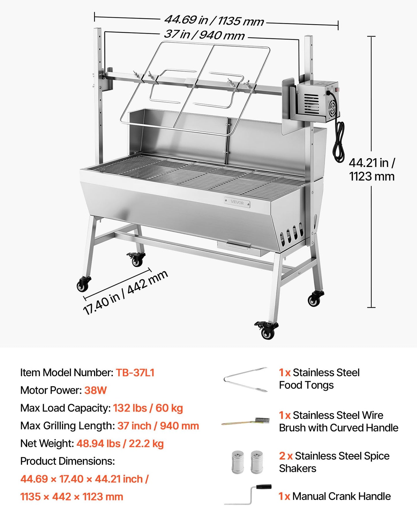 VEVOR Rotisserie Grill, 37in BBQ Outdoor Pig & Lamb Spit Roaster, Charcoal Spit Roaster with 132 LBS Load Capacity & 7-Level Height, Stainless Steel Electric Rotisserie Grill Kit for Camping Outdoor