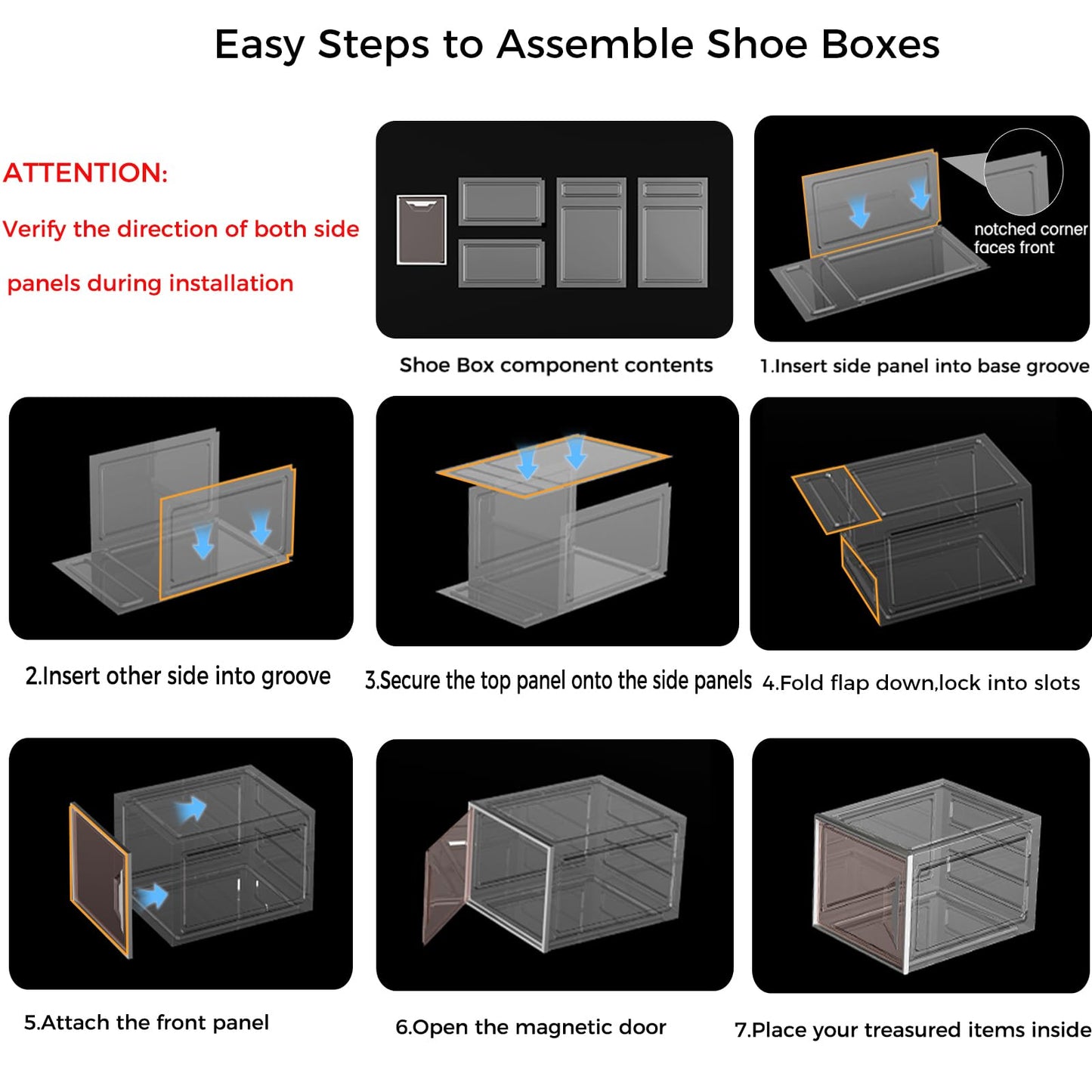 6 Pack Shoe Box Organizer, Clear Thicken Stackable Plastic Shoe Boxes with Magnetic Door, Sturdy Shoe Storage Containers for Sneakers Boots, Easy to Assemble, Fit up to US Size 12(13.2"×10.6"×7.5")