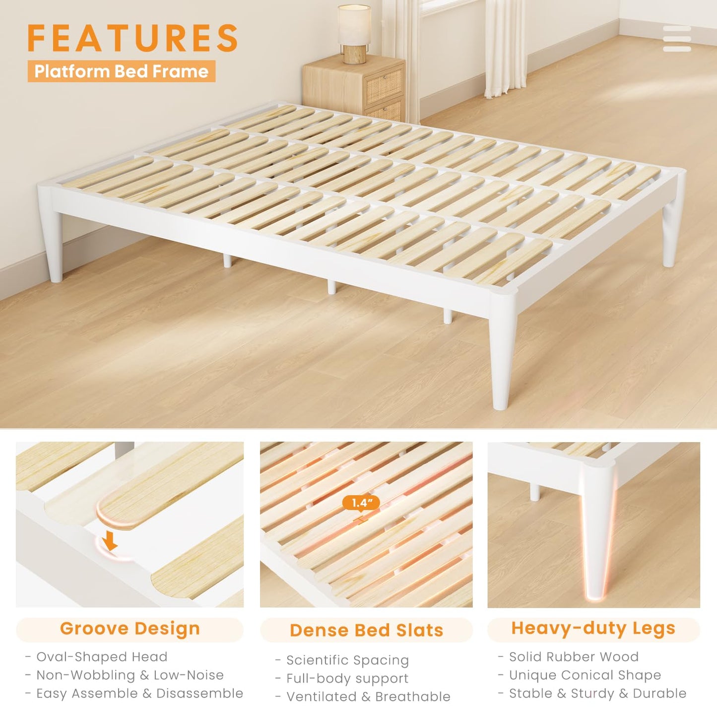 IOTXY Twin-XL Platform Bed Frame - 16" Wood Mattress Foundation Base, White
