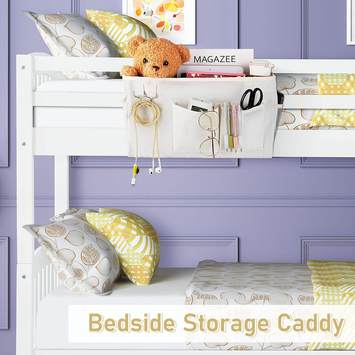 Frjjthchy Bedside Caddy Organizer Hanging Storage Bag Bunk Bed White