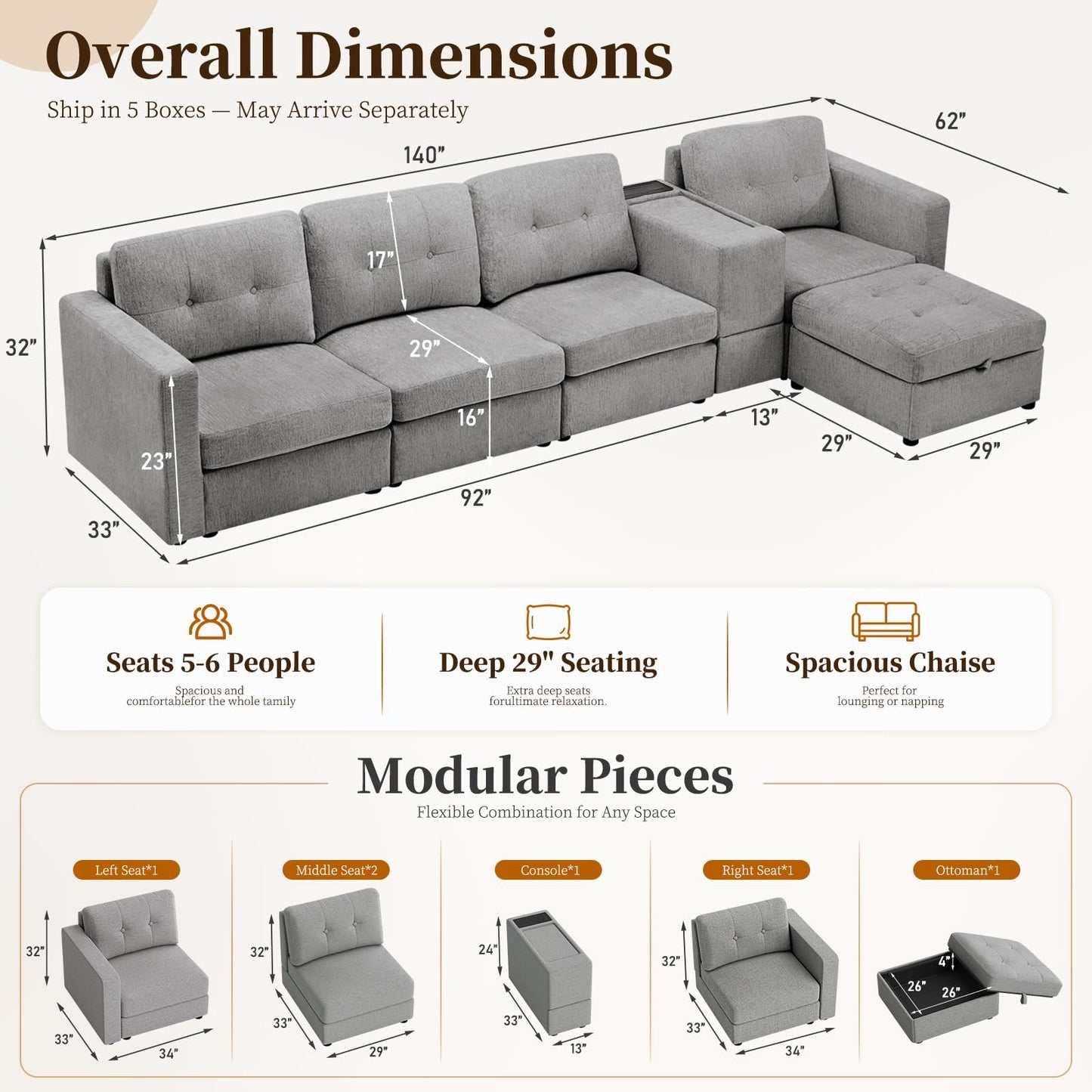 Furnimart 140" Oversized Modular Sectional Sofa with Power Outlets & USB Ports, Storage Console & Ottoman, Deep Seat Chenille Sectional Couch for Living Room, Wood Frame, Grey