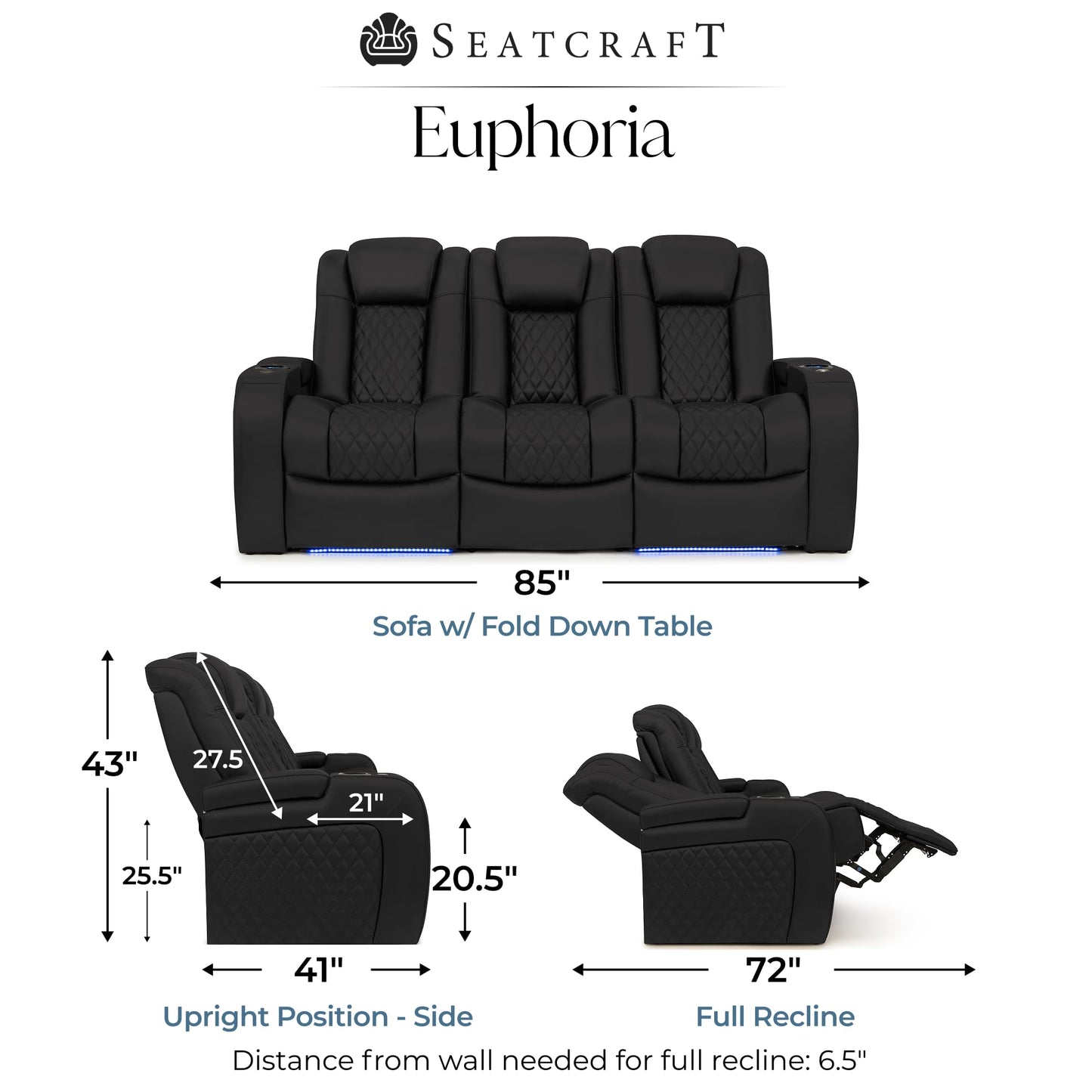 Seatcraft Euphoria Home Theater Seating Black Sofa with Fold Down Table
