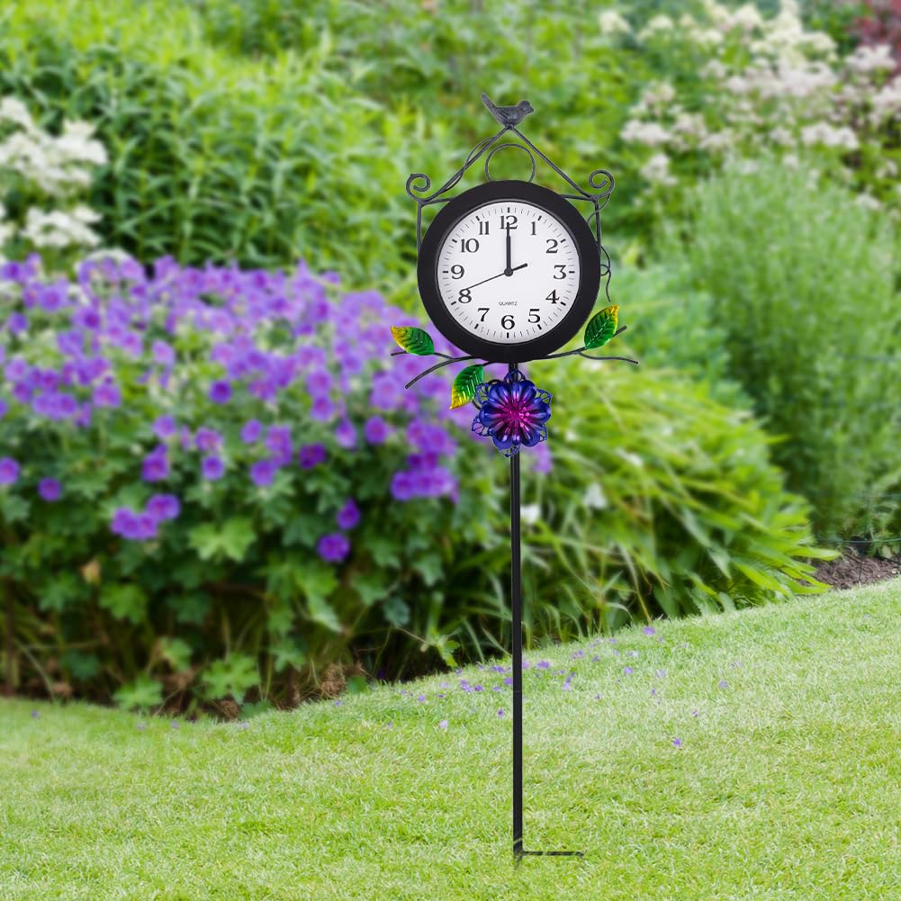 STANKGARDEN Outdoor Clock with Garden Stake, Flower Birdhouse Outdoor Wall Clock Waterproof, Silent No-Ticking Outdoor Clocks for Garden, Patio, Yard, Fence