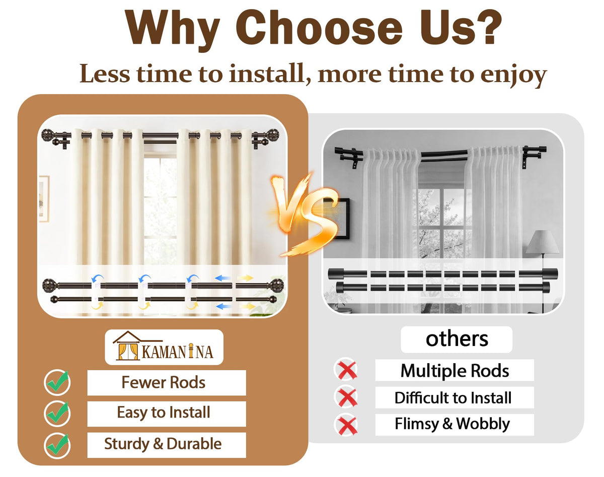 KAMANINA Double Curtain Rods for Windows 72 to 144 Inch, Adjustable, Bronze