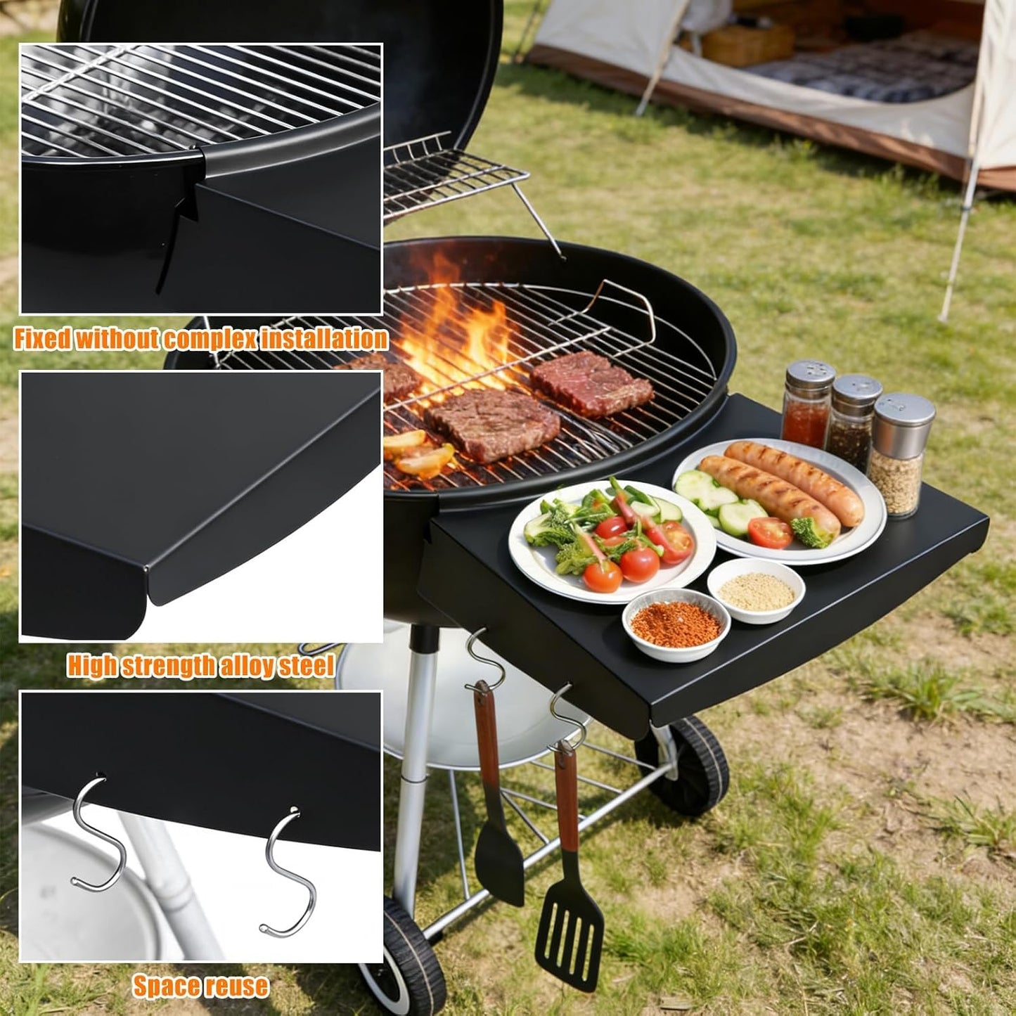Uniflasy Side Table Shelf for Weber 22” Kettle Grills - Master Touch, Premium, Original Charcoal Grill Accessories, Black Steel with Hooks