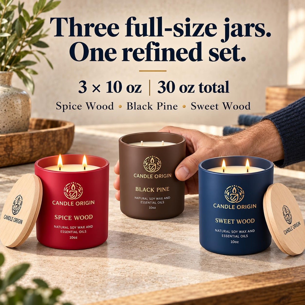 Scented Candles for Men, Premium Gift Set 3x10oz, Strong Long Lasting Soy