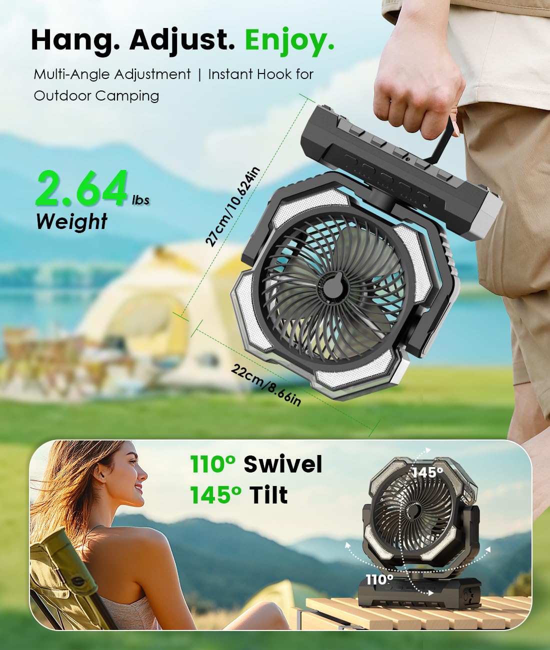 Aopircs Camping Misting Fan - 24000mAh Portable Battery Powered Fans with 9oz Water Tank, Light, Hook - Rechargeable, 120H Cooling, Last 5H Mist, 4 Speed, Sleep Mode - Outdoor Gear, Travel Essentials