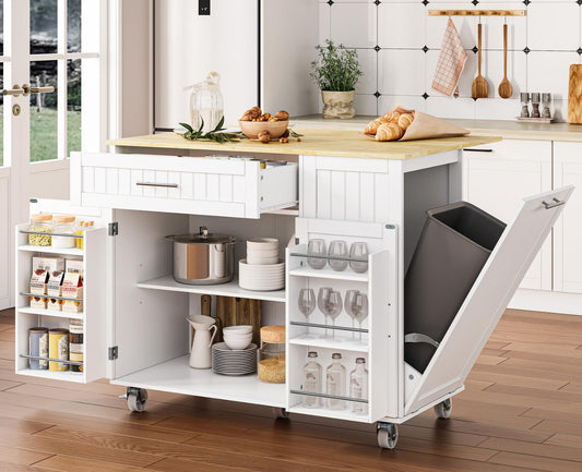OtterOasis Kitchen Island with Storage, 43.3" Rolling Kitchen Island Cart on Wheels with Wide Drop Leaf Rubberwood Top, Large Mobile Island Table with Trash Can Storage and Towel Bar, White