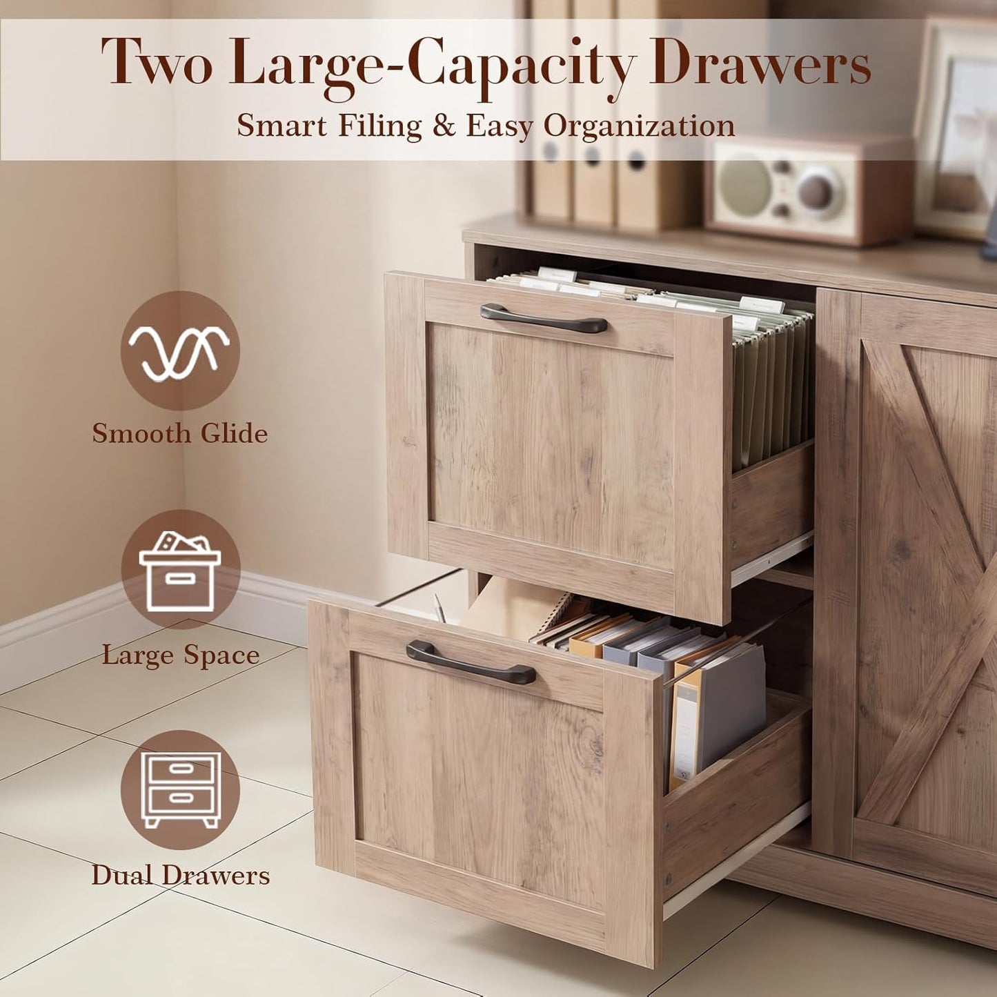 NORTHSKY 72'' Tall Bookshelf with Power Outlet, 2 Drawer File Cabinet for A4 Hanging Files, 3-Tier Open Shelves & Closed Storage Cabinets, Multifunctional Printer Stand - Light Brown