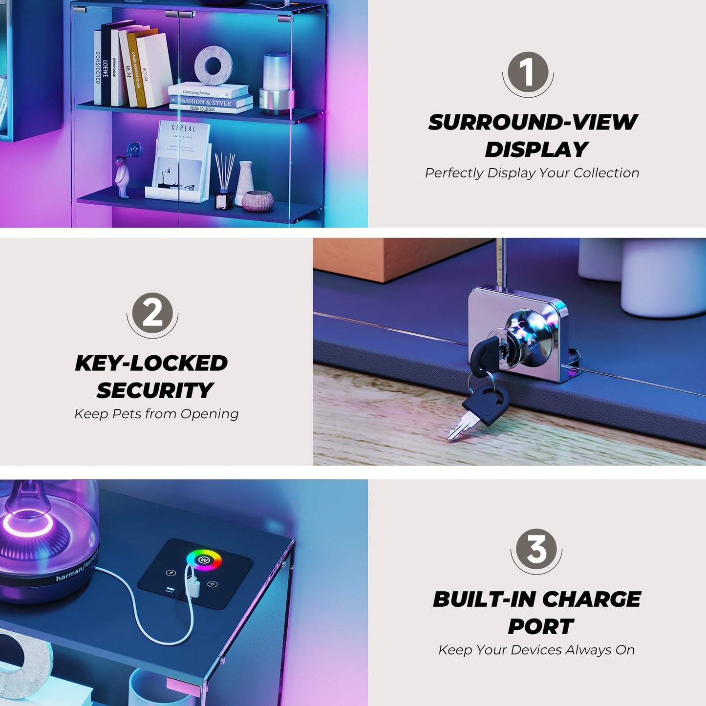 VersionTECH. Glass Display Cabinet with RGB LED Lights, Full-View Display, 3-Tier Display Case with Glass Doors for Collectibles, Cabinets with Lock, Human Sensor, Charging Station, Black