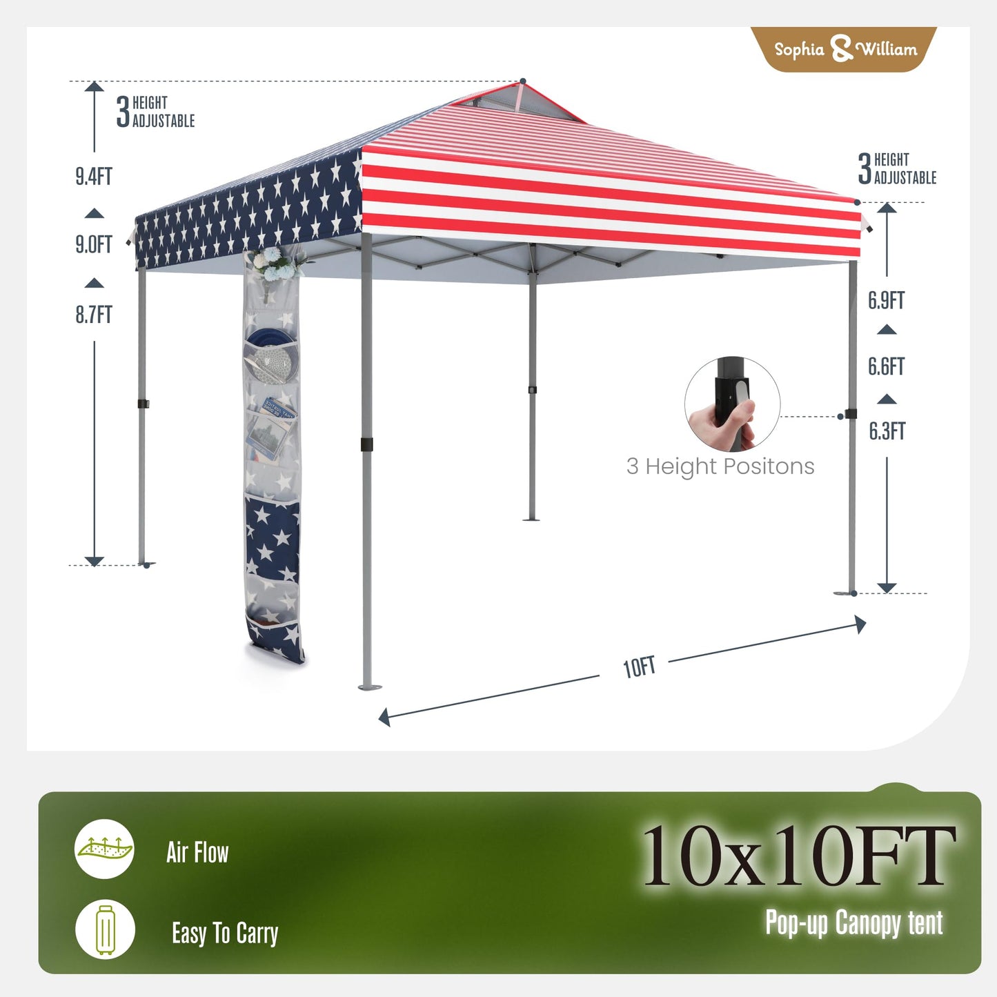 Sophia & William Canopy Tent Pop Up 10x10 ft, One Person Push Set Up Tent, Outdoor Canopies Shelter Heavy Duty Straight Legs with 4 Sandbags & Guy Ropes, 1 Roller Bag & Storage Bag, 8 Stakes, UPF50+