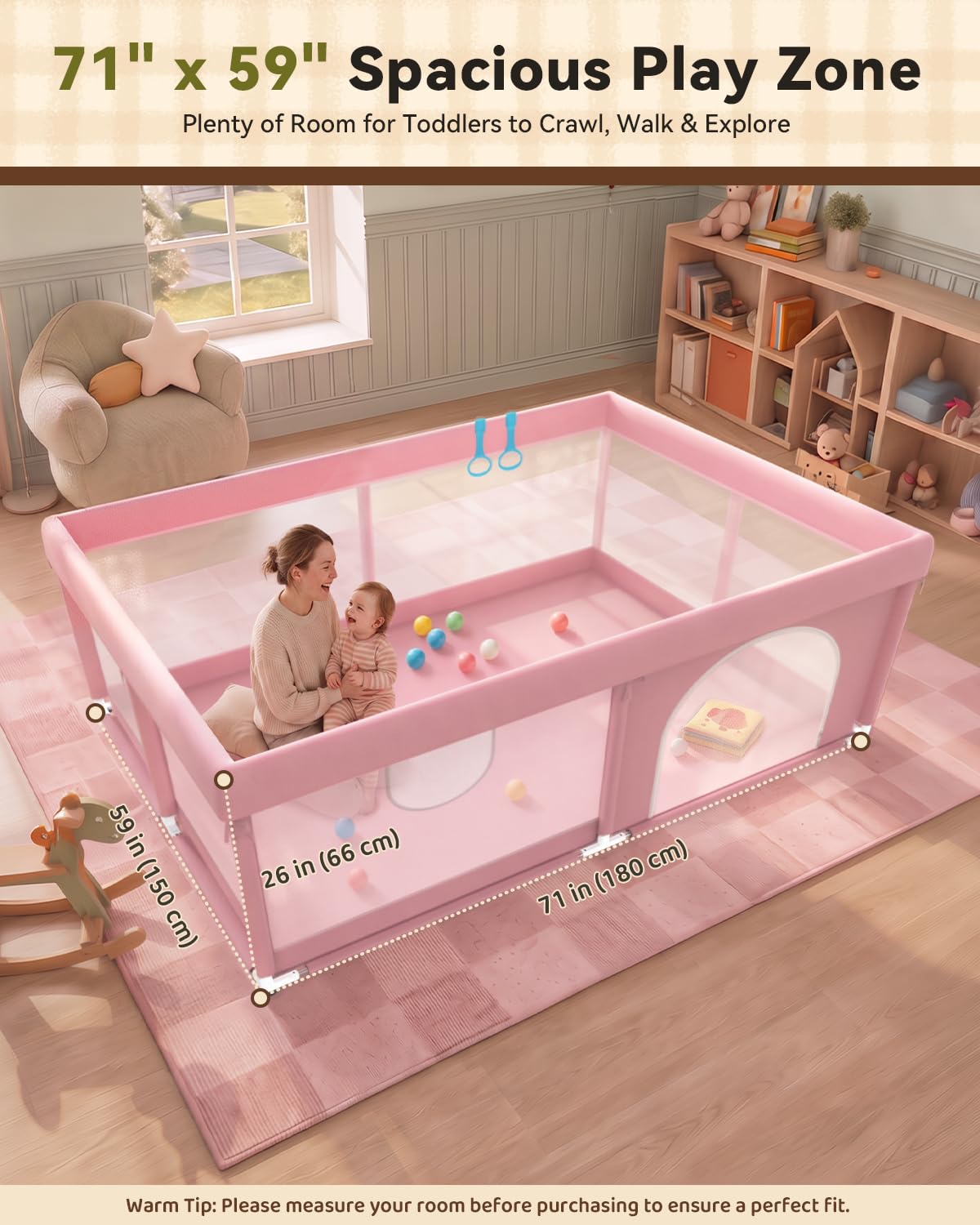 JUNLLY Pink Baby Playpen 71"x59" - Extra Large Play Pen for Babies Toddlers