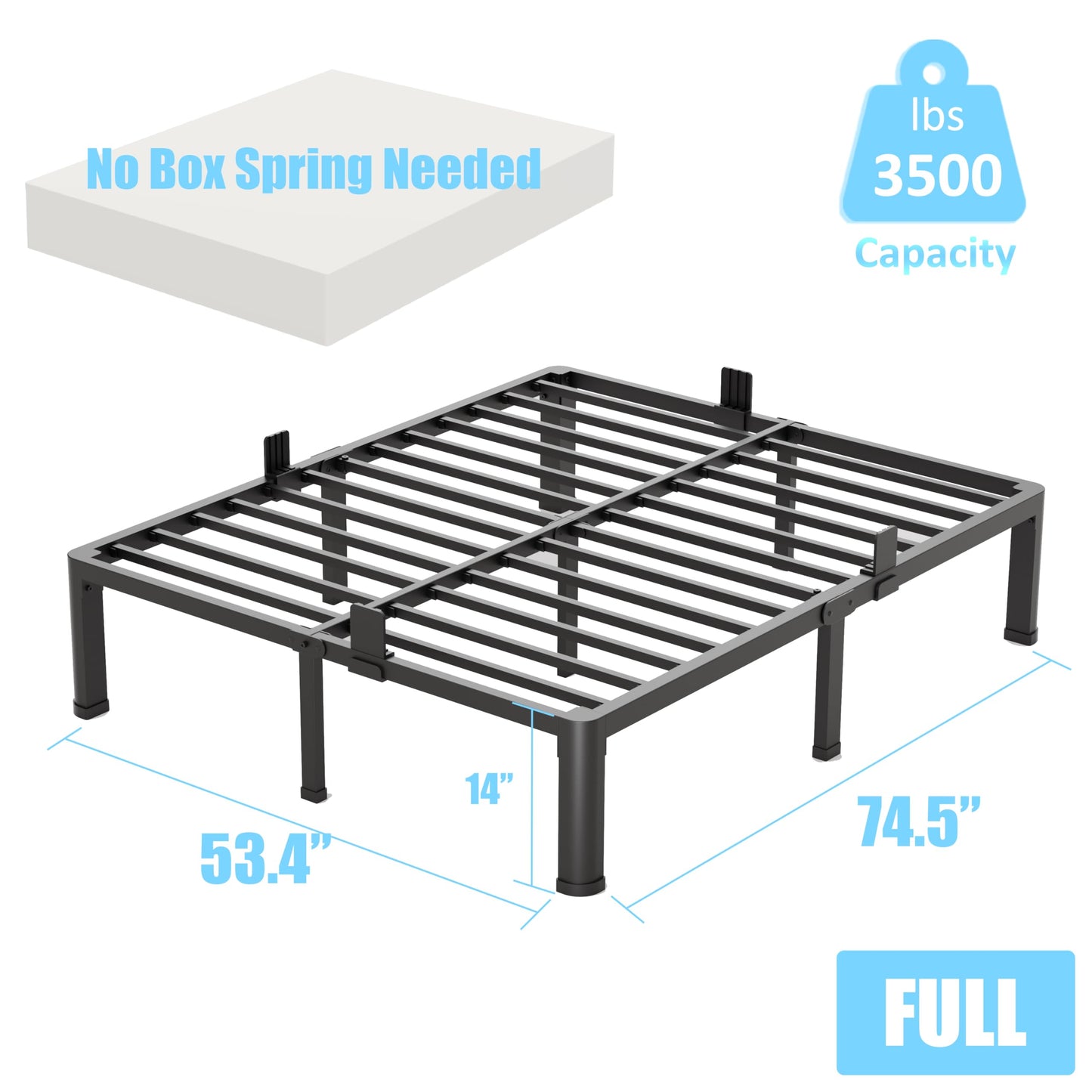 FUIOBYVV Full Size Bed Frame with Round Corner Edge Legs, 14 Inch Heavy Duty Support 3500 lbs Metal Platform Bed Frame Full, No Box Spring Needed/Non-Slip/Steel Slat Support/Noise Free
